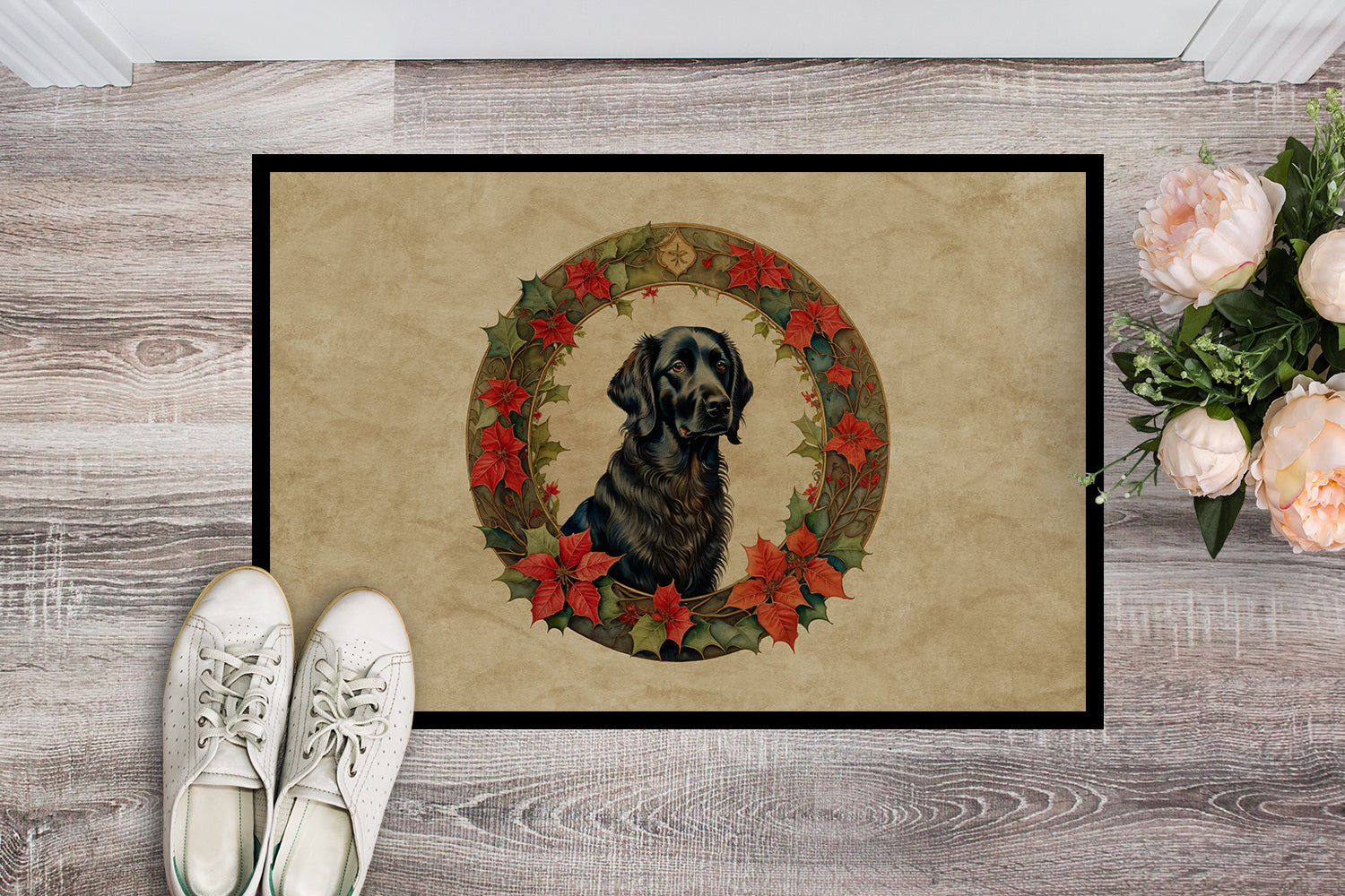 Flat-Coated Retriever Christmas Flowers Doormat Indoor Outdoor 18H X 27W Front Door Mat Rugs for Entryway, Non Slip Washable