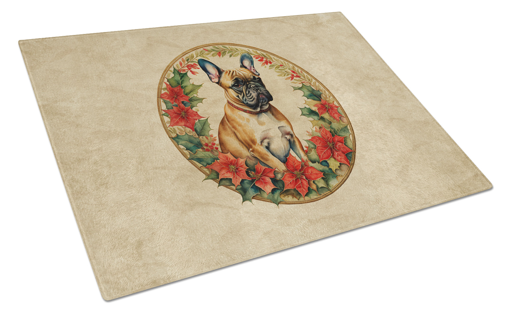 French Bulldog Christmas Flowers Cutting Board Tempered Glass Kitchen Cutting Surface, Heat Resistant Chopping, Non-Slip Feet, Food Prep & Serving