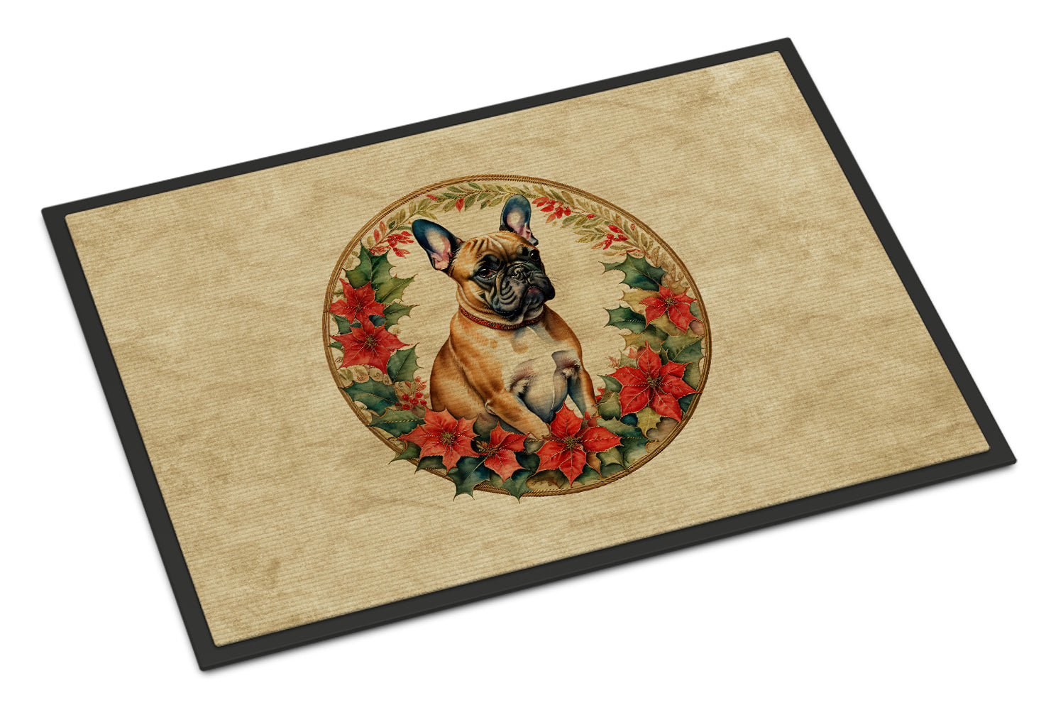 French Bulldog Christmas Flowers Doormat Indoor Outdoor 18H X 27W Front Door Mat Rugs for Entryway, Non Slip Washable