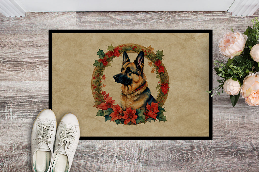 German Shepherd Christmas Flowers Doormat Indoor Outdoor 18H X 27W Front Door Mat Rugs for Entryway, Non Slip Washable