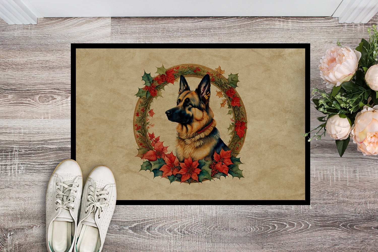 German Shepherd Christmas Flowers Doormat Indoor Outdoor 18H X 27W Front Door Mat Rugs for Entryway, Non Slip Washable