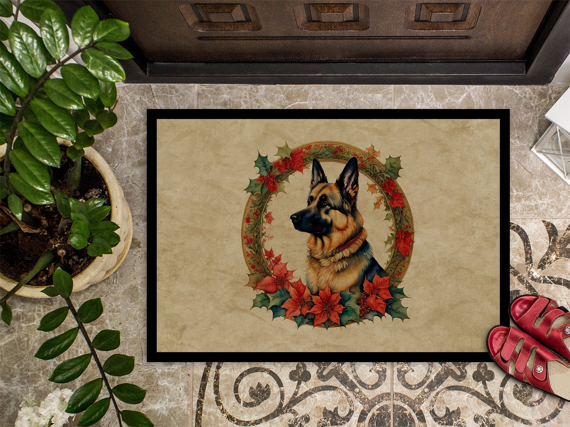 German Shepherd Christmas Flowers Doormat Indoor Outdoor 18H X 27W Front Door Mat Rugs for Entryway, Non Slip Washable