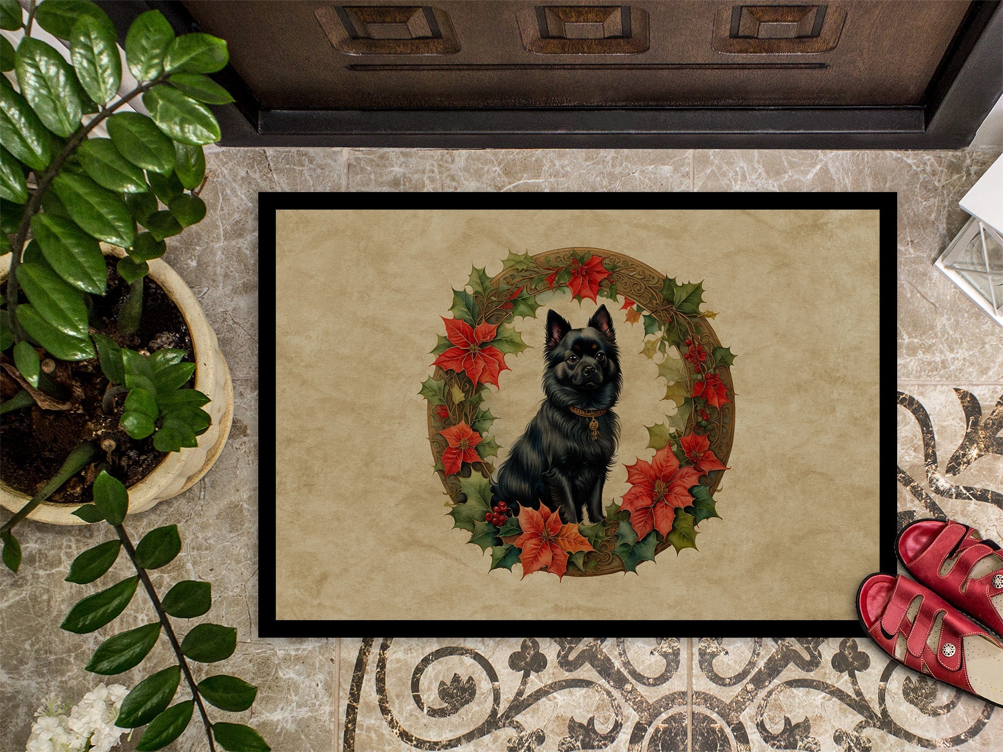 German Spitz Christmas Flowers Doormat Indoor Outdoor 24H X 36W Front Door Mat Rugs for Entryway, Non Slip Washable Low Pile,