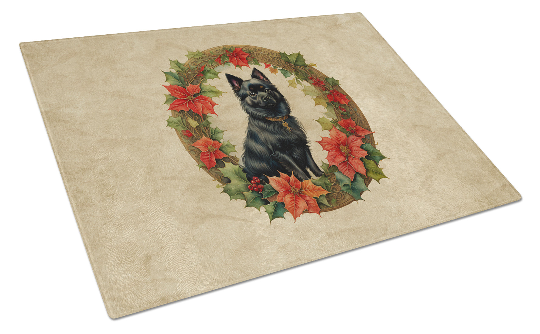 German Spitz Christmas Flowers Cutting Board Tempered Glass Kitchen Cutting Surface, Heat Resistant Chopping, Non-Slip Feet, Food Prep & Serving