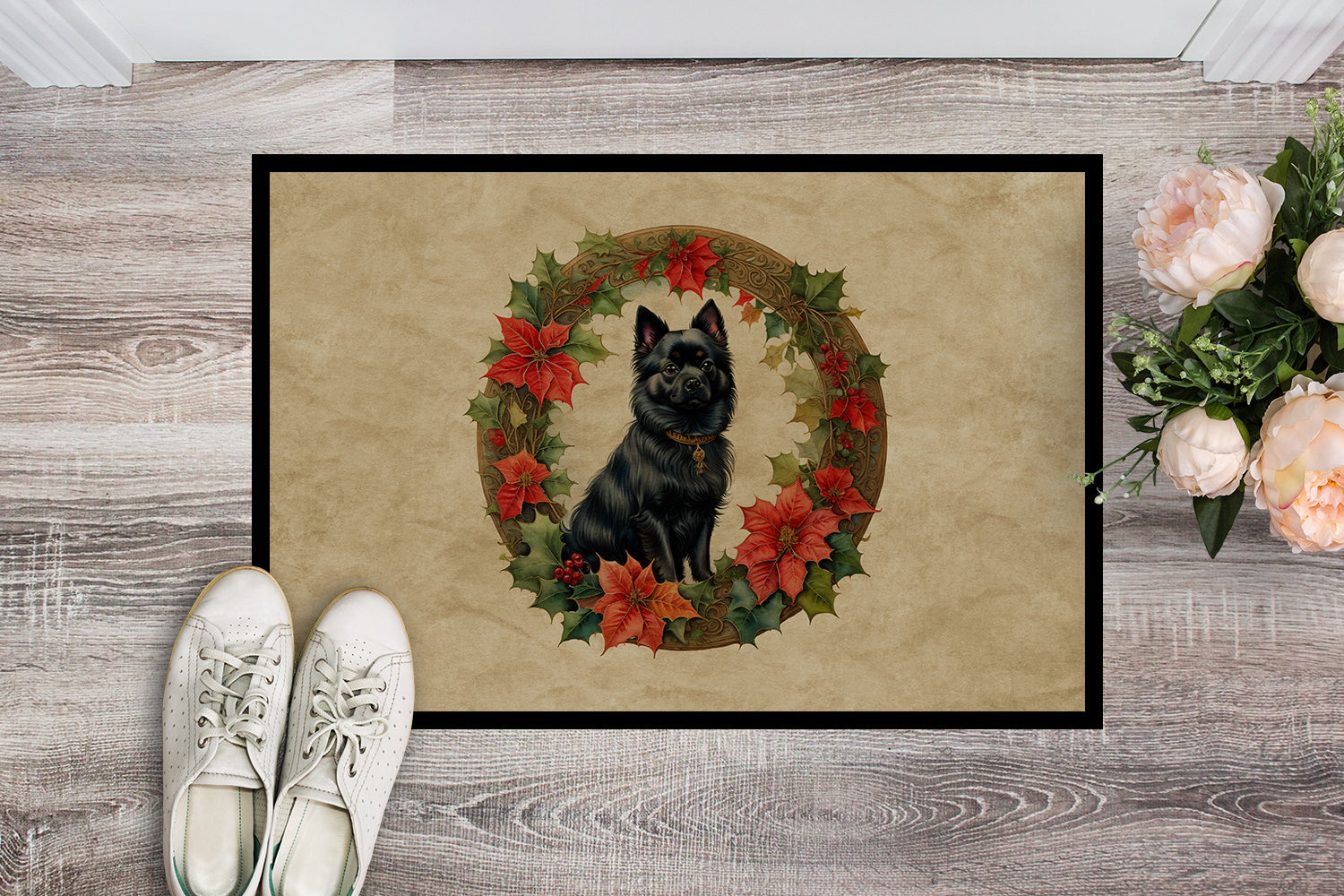 German Spitz Christmas Flowers Doormat Indoor Outdoor 18H X 27W Front Door Mat Rugs for Entryway, Non Slip Washable