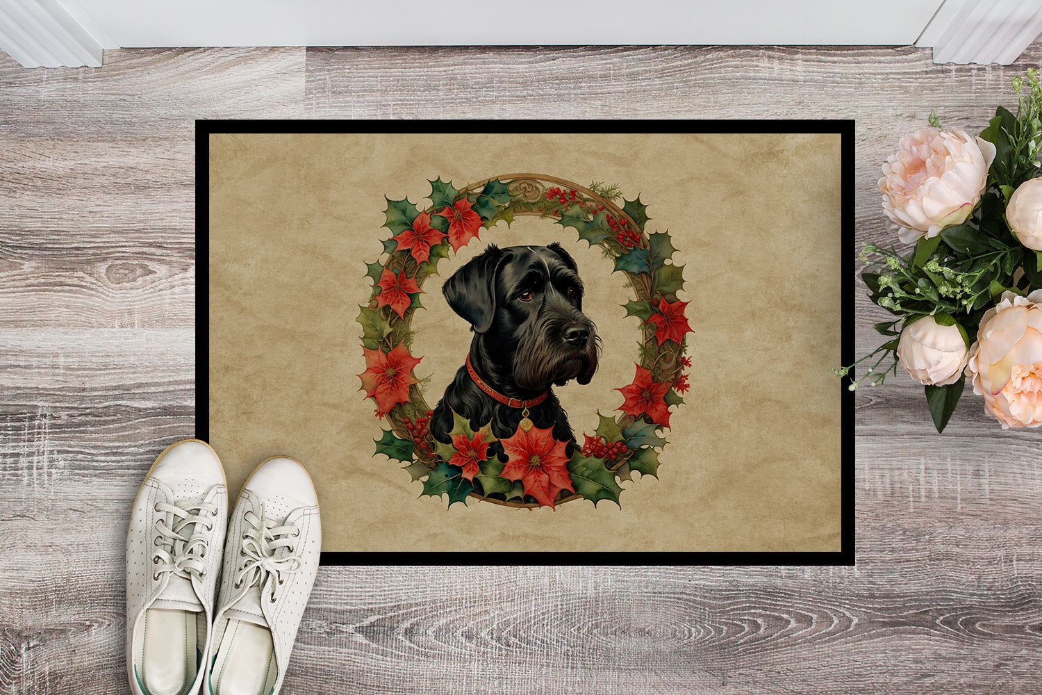 Giant Schnauzer Christmas Flowers Doormat Indoor Outdoor 24H X 36W Front Door Mat Rugs for Entryway, Non Slip Washable Low Pile,