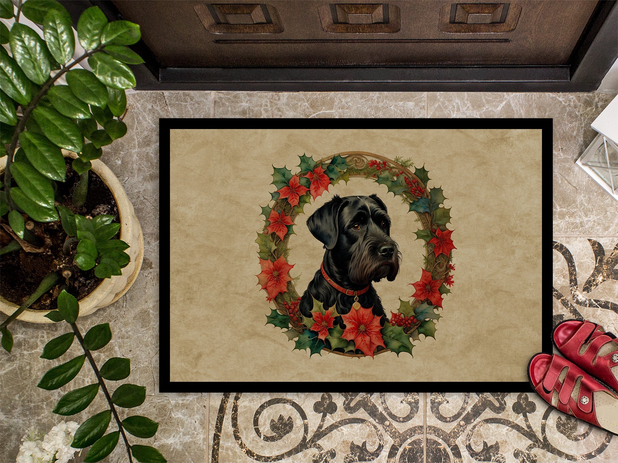 Giant Schnauzer Christmas Flowers Doormat Indoor Outdoor 24H X 36W Front Door Mat Rugs for Entryway, Non Slip Washable Low Pile,