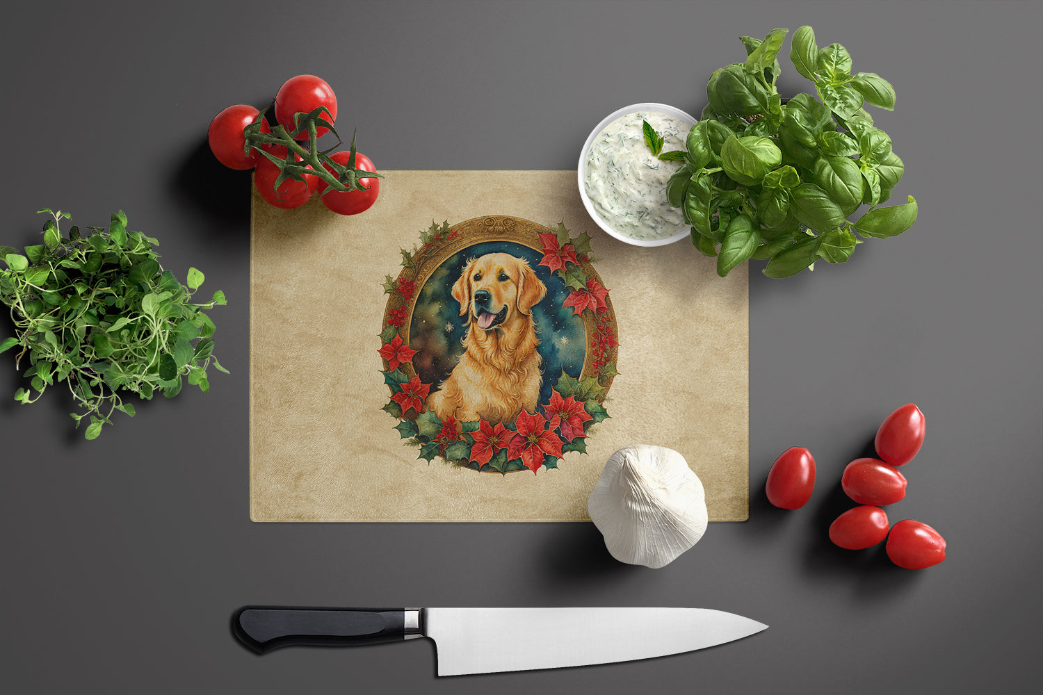 Golden Retriever Christmas Flowers Cutting Board Tempered Glass Kitchen Cutting Surface, Heat Resistant Chopping, Non-Slip Feet, Food Prep & Serving