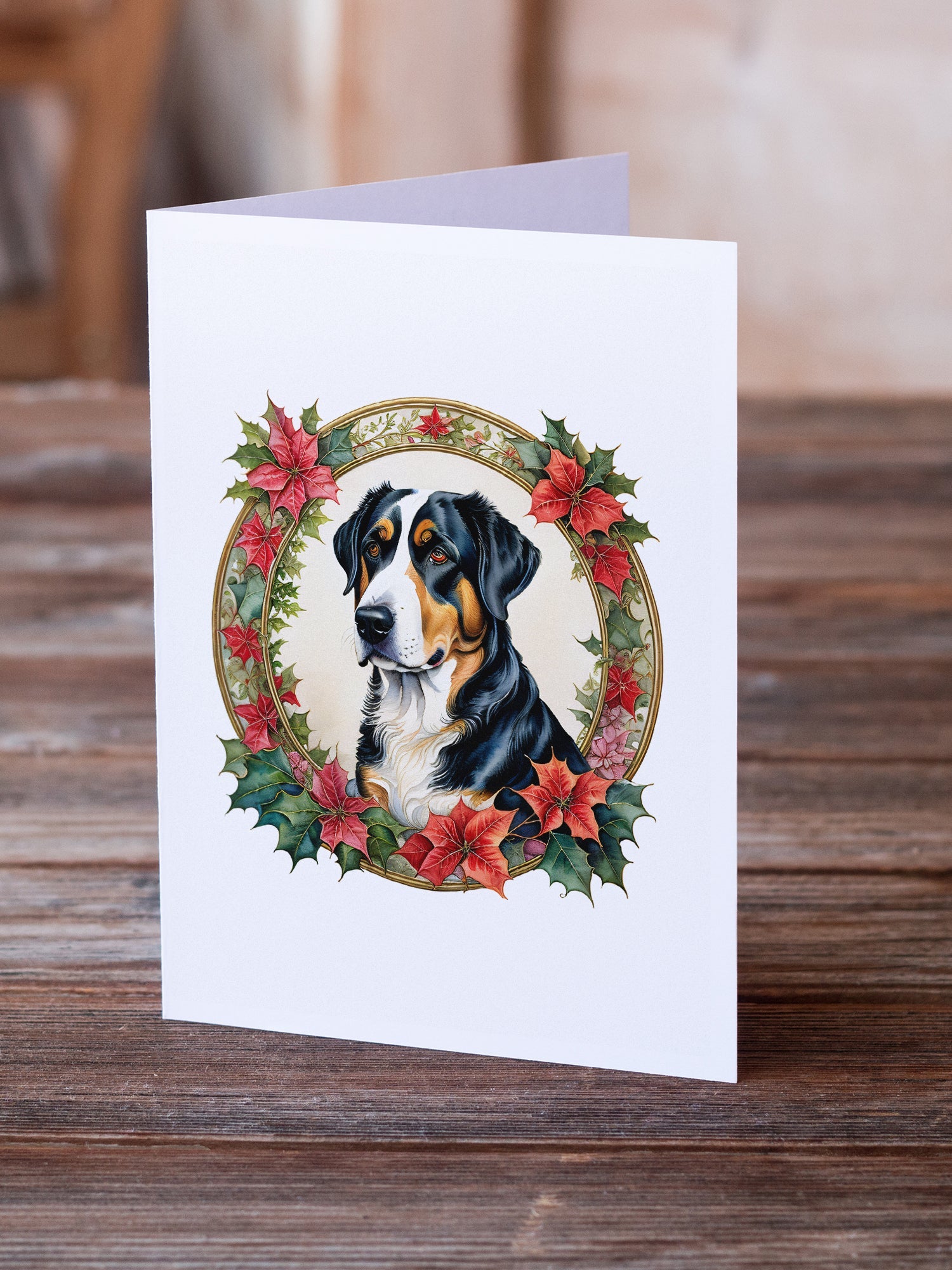 Greater Swiss Mountain Dog Christmas Flowers Greeting Cards Pack of 8 Blank Cards with Envelopes Whimsical A7 Size 5x7