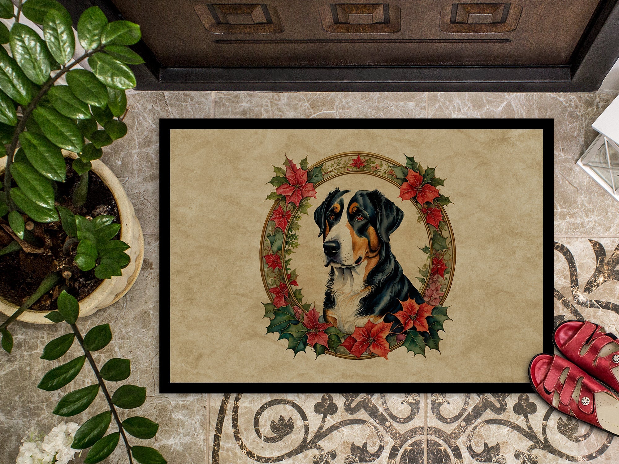 Greater Swiss Mountain Dog Christmas Flowers Doormat Indoor Outdoor 18H X 27W Front Door Mat Rugs for Entryway, Non Slip Washable