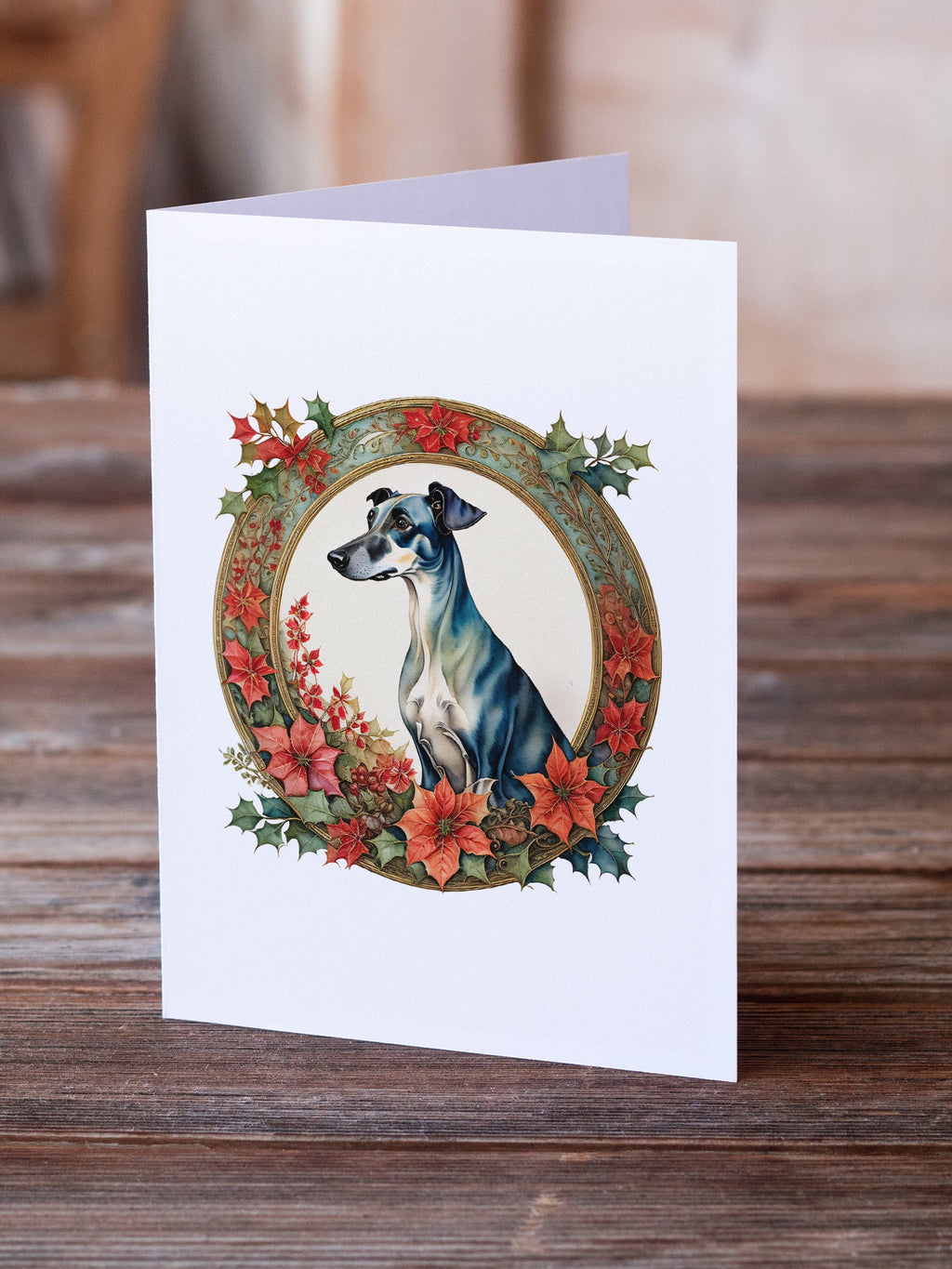 Greyhound Christmas Flowers Greeting Cards Pack of 8 Blank Cards with Envelopes Whimsical A7 Size 5x7