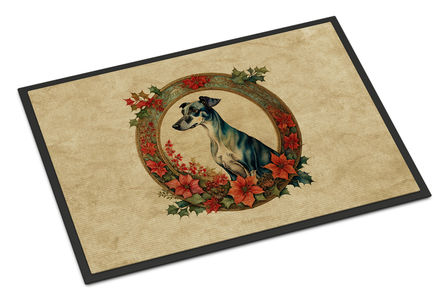 Greyhound Christmas Flowers Doormat Indoor Outdoor 18H X 27W Front Door Mat Rugs for Entryway, Non Slip Washable