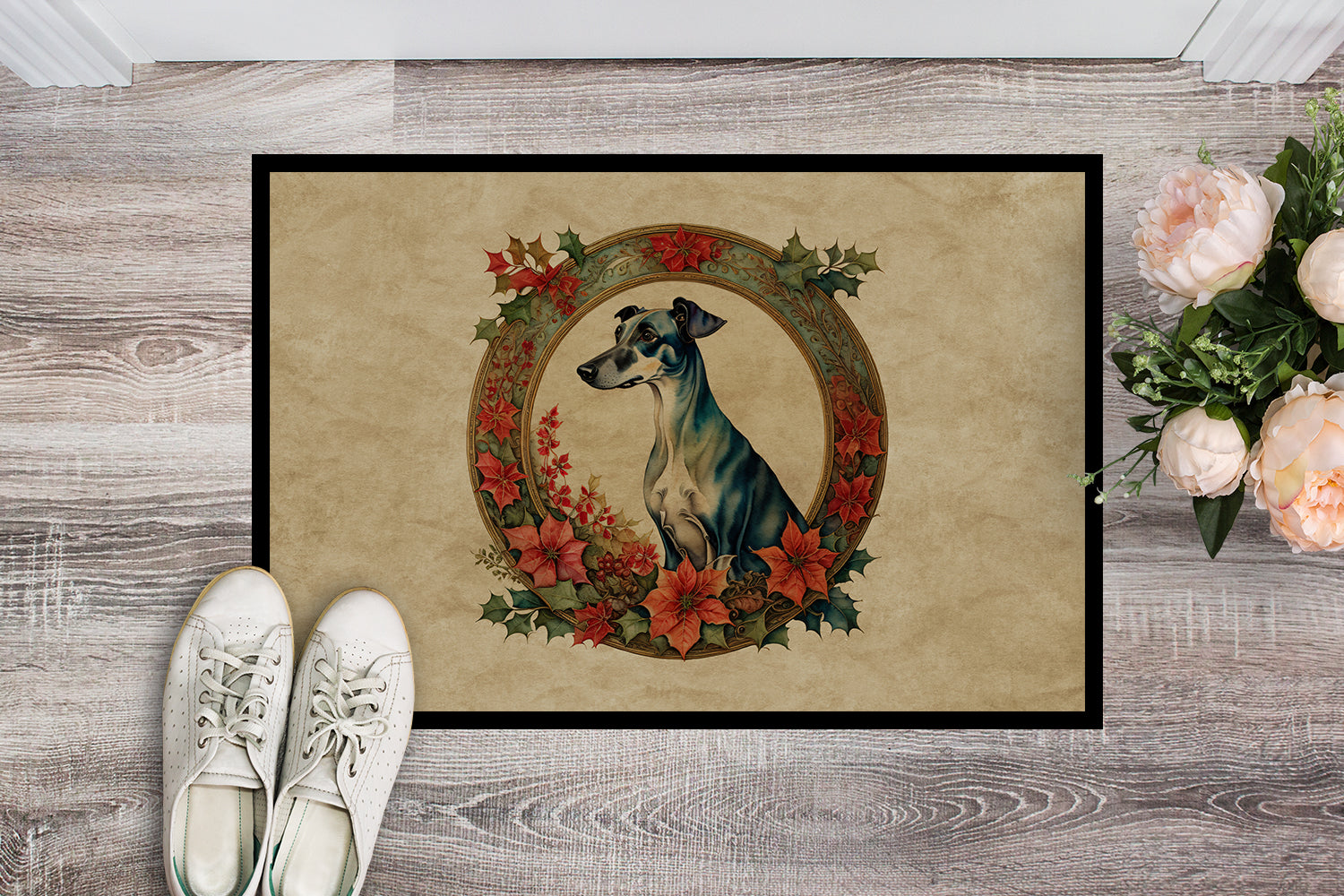 Greyhound Christmas Flowers Doormat Indoor Outdoor 18H X 27W Front Door Mat Rugs for Entryway, Non Slip Washable