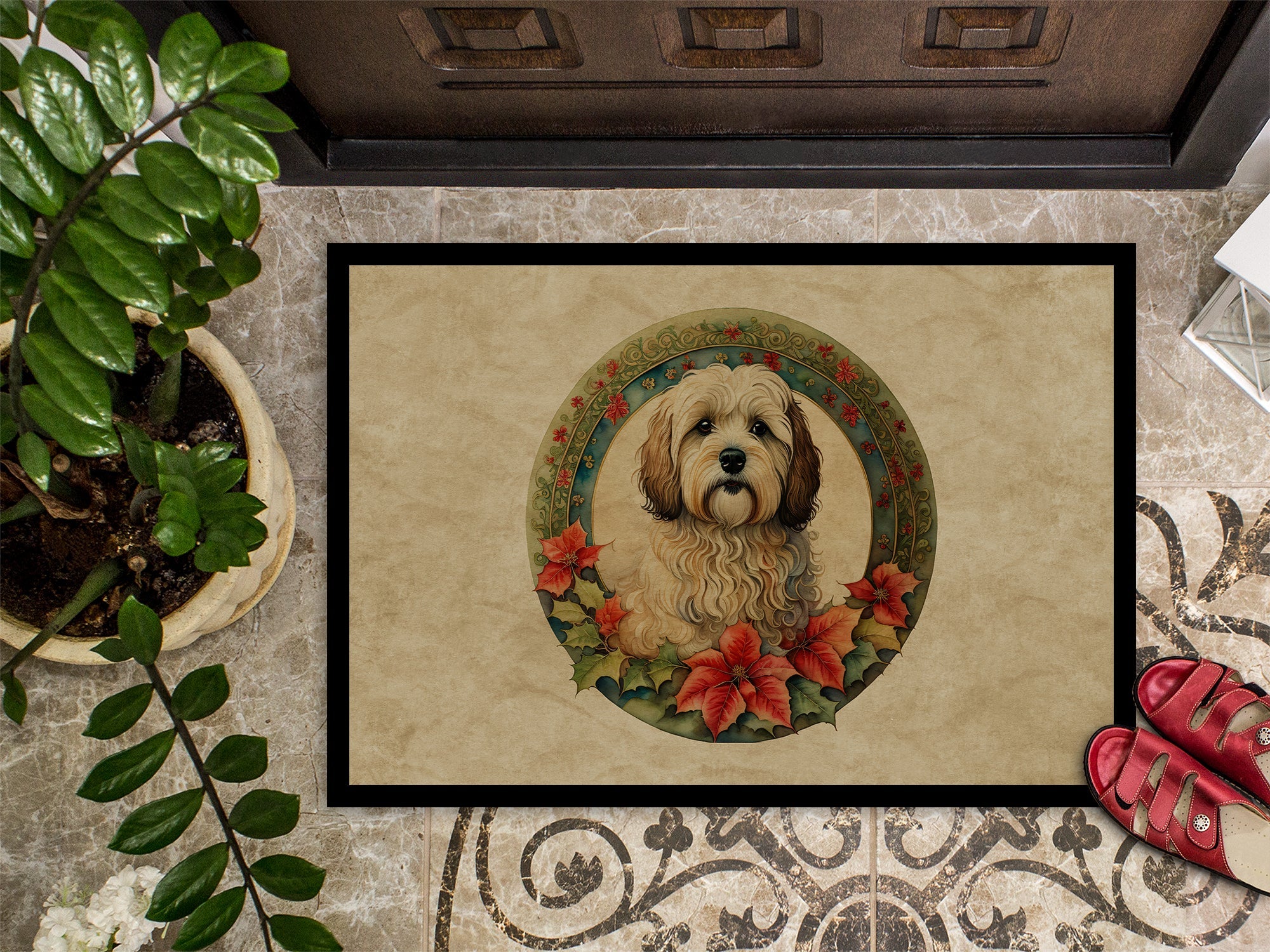 Havanese Christmas Flowers Doormat Indoor Outdoor 24H X 36W Front Door Mat Rugs for Entryway, Non Slip Washable Low Pile,
