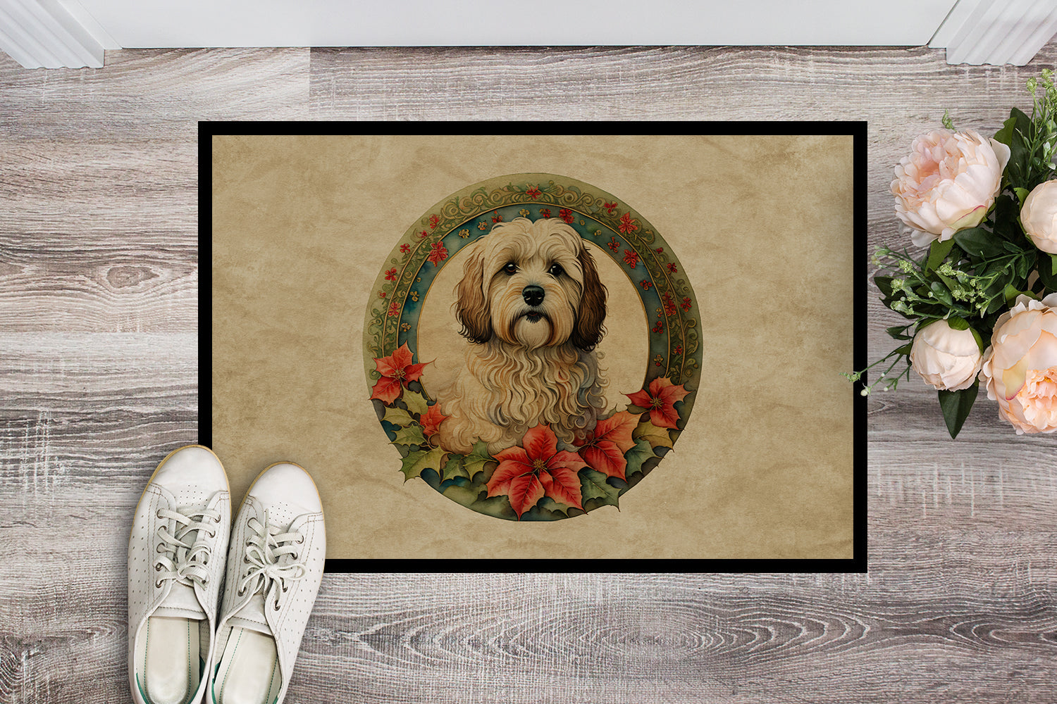 Havanese Christmas Flowers Doormat Indoor Outdoor 18H X 27W Front Door Mat Rugs for Entryway, Non Slip Washable