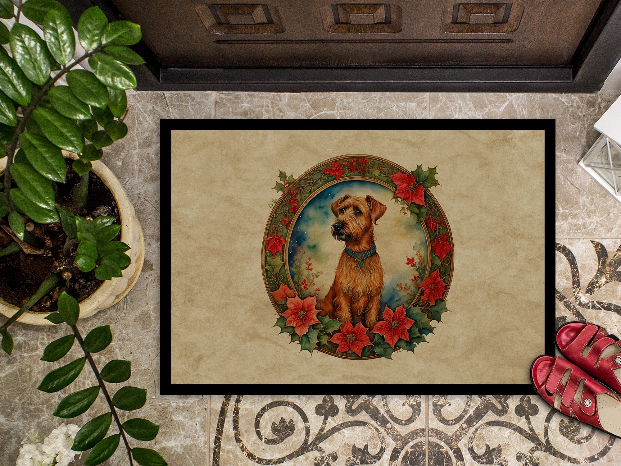 Irish Terrier Christmas Flowers Doormat Indoor Outdoor 18H X 27W Front Door Mat Rugs for Entryway, Non Slip Washable