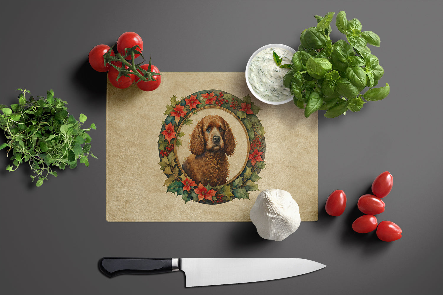 Irish Water Spaniel Christmas Flowers Cutting Board Tempered Glass Kitchen Cutting Surface, Heat Resistant Chopping, Non-Slip Feet, Food Prep & Serving
