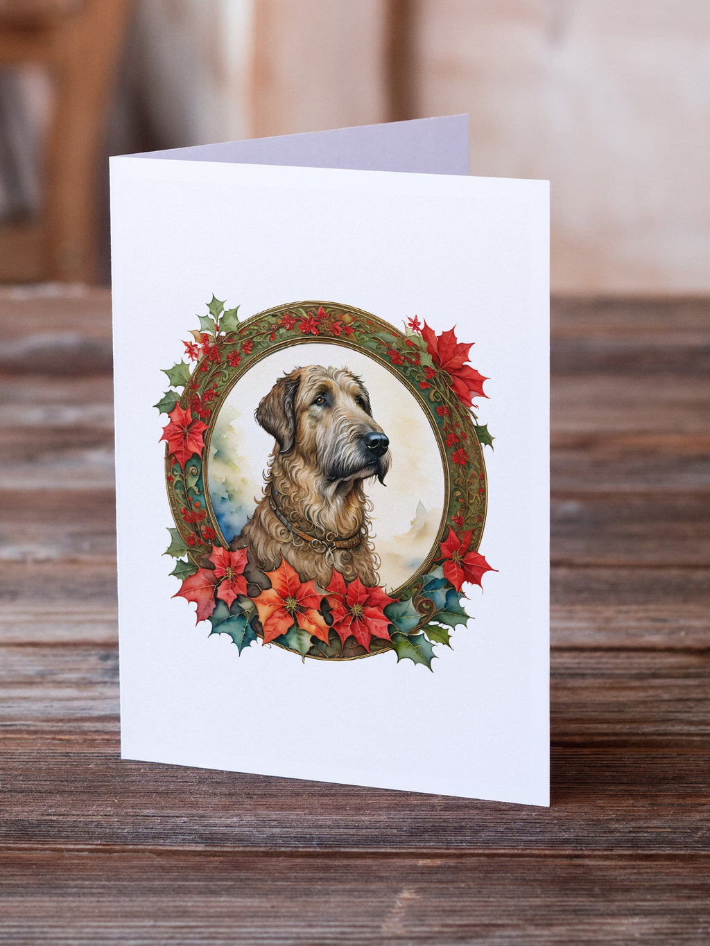 Irish Wolfhound Christmas Flowers Greeting Cards Pack of 8 Blank Cards with Envelopes Whimsical A7 Size 5x7