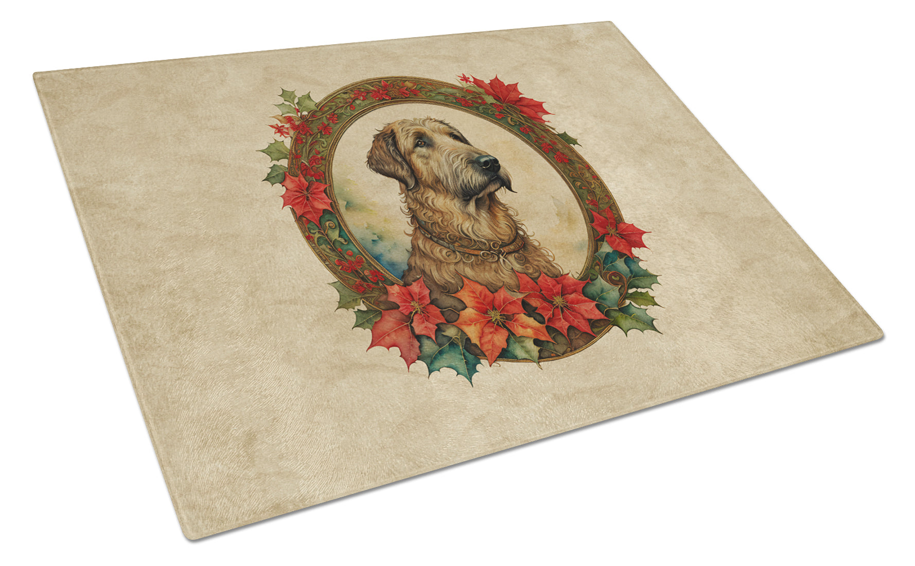 Irish Wolfhound Christmas Flowers Cutting Board Tempered Glass Kitchen Cutting Surface, Heat Resistant Chopping, Non-Slip Feet, Food Prep & Serving