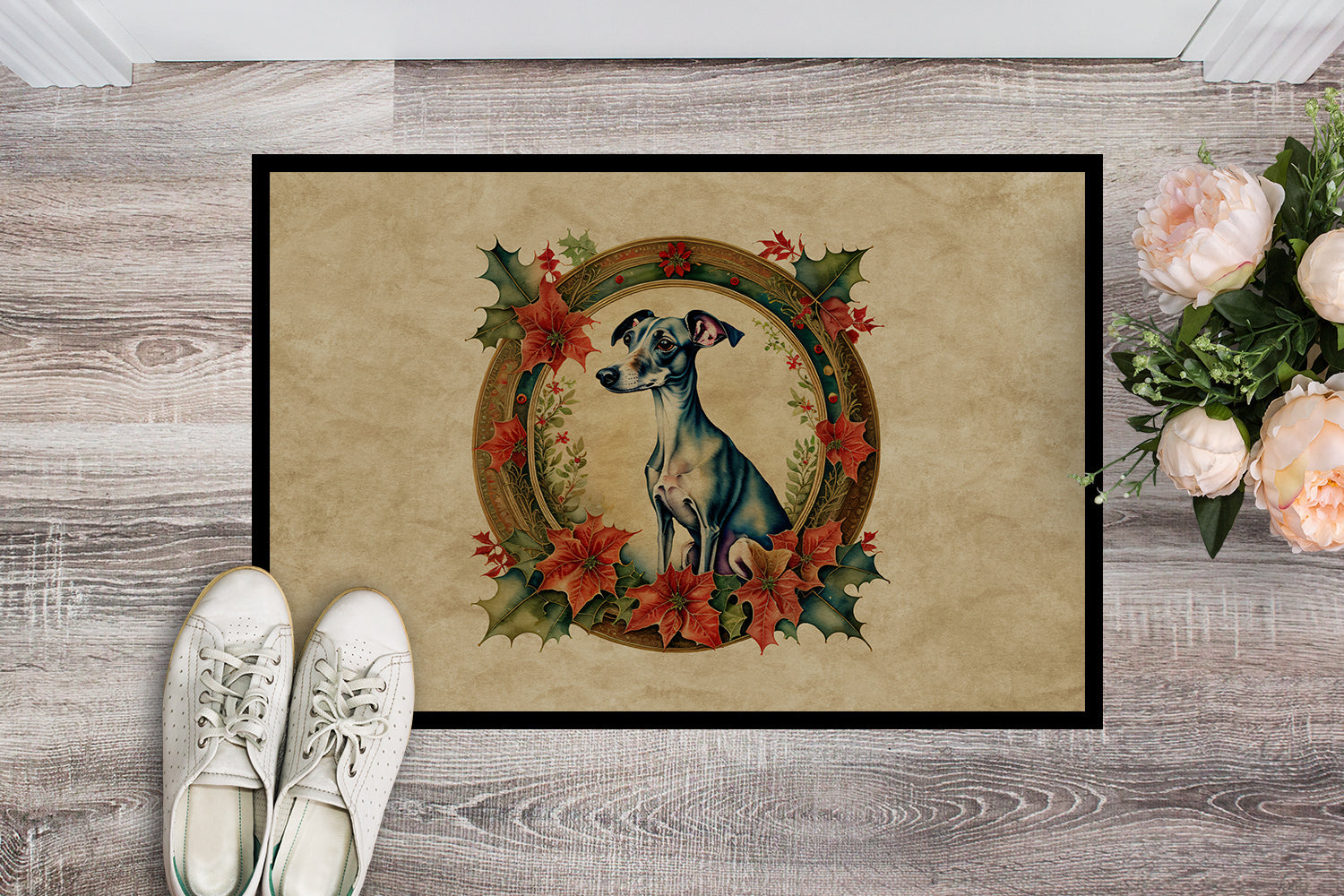 Italian Greyhound Christmas Flowers Doormat Indoor Outdoor 24H X 36W Front Door Mat Rugs for Entryway, Non Slip Washable Low Pile,