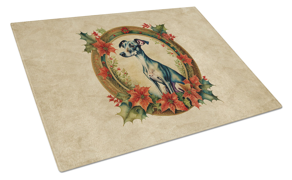 Italian Greyhound Christmas Flowers Cutting Board Tempered Glass Kitchen Cutting Surface, Heat Resistant Chopping, Non-Slip Feet, Food Prep & Serving