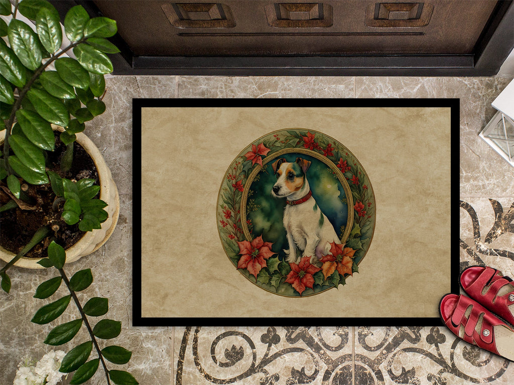 Jack Russell Terrier Christmas Flowers Doormat Indoor Outdoor 24H X 36W Front Door Mat Rugs for Entryway, Non Slip Washable Low Pile,