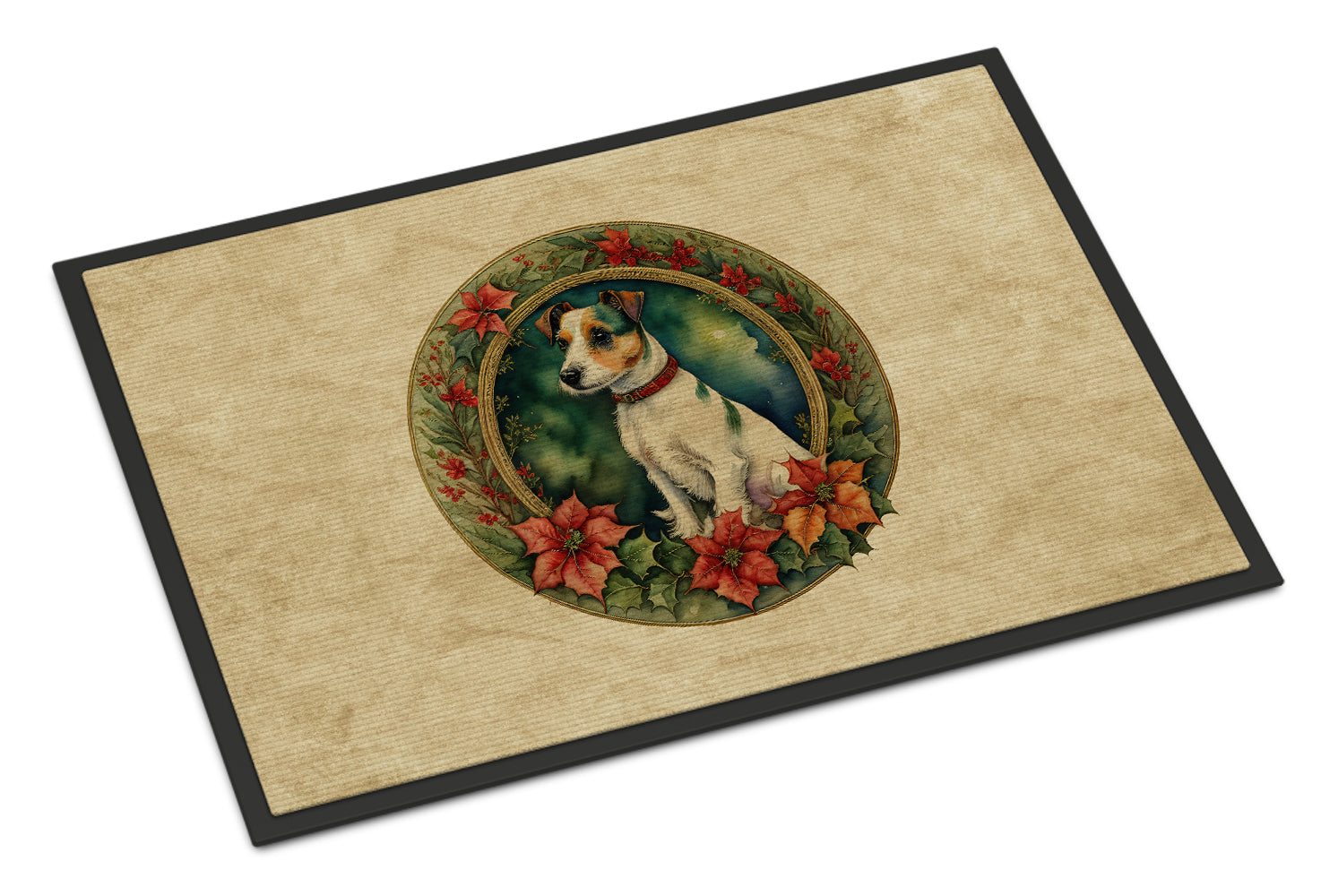 Jack Russell Terrier Christmas Flowers Doormat Indoor Outdoor 18H X 27W Front Door Mat Rugs for Entryway, Non Slip Washable