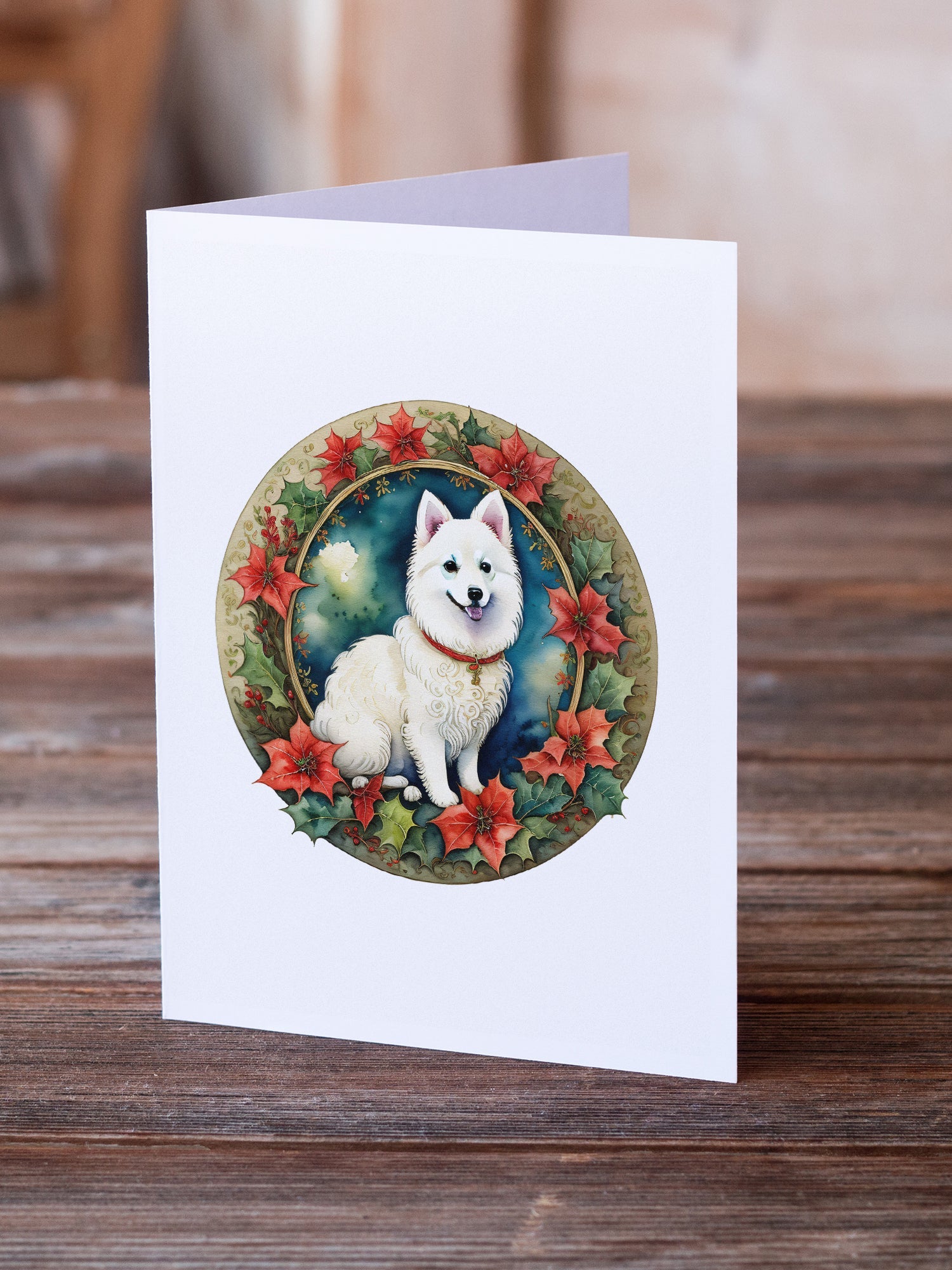Japanese Spitz Christmas Flowers Greeting Cards Pack of 8 Blank Cards with Envelopes Whimsical A7 Size 5x7