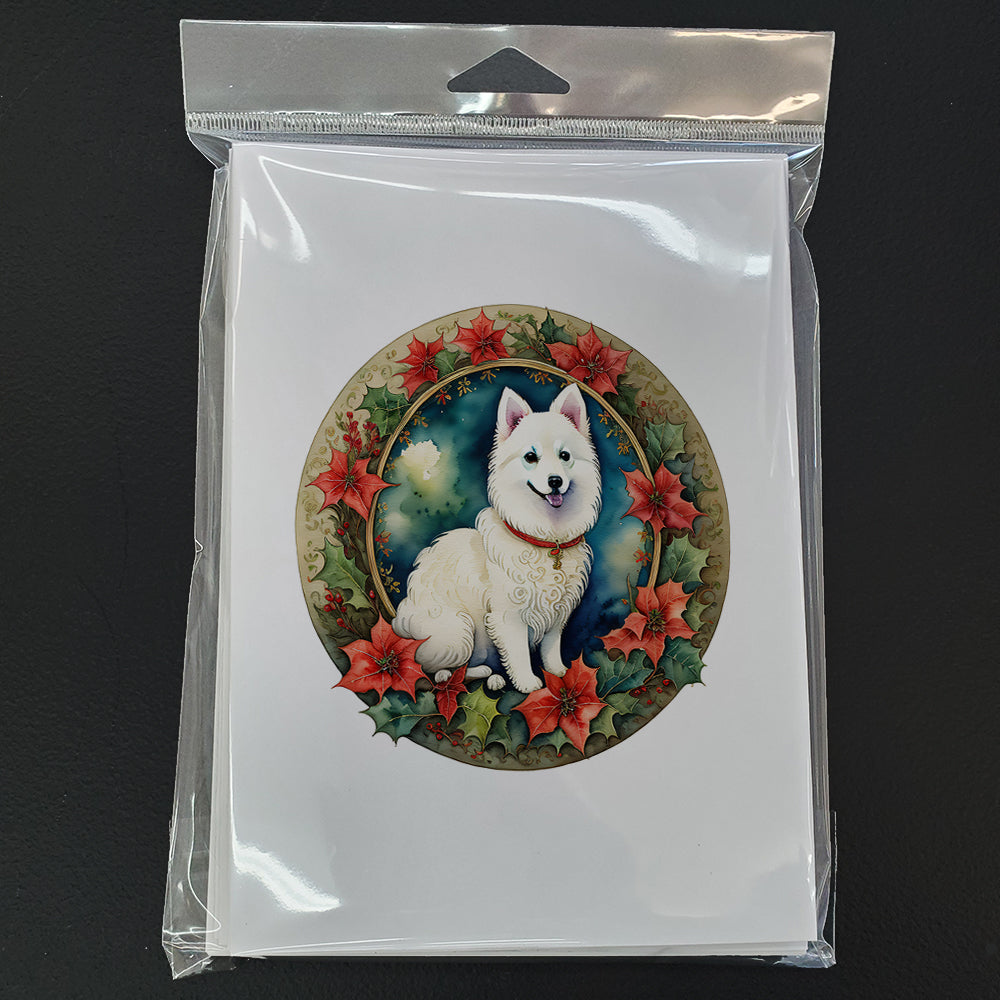 Japanese Spitz Christmas Flowers Greeting Cards Pack of 8 Blank Cards with Envelopes Whimsical A7 Size 5x7