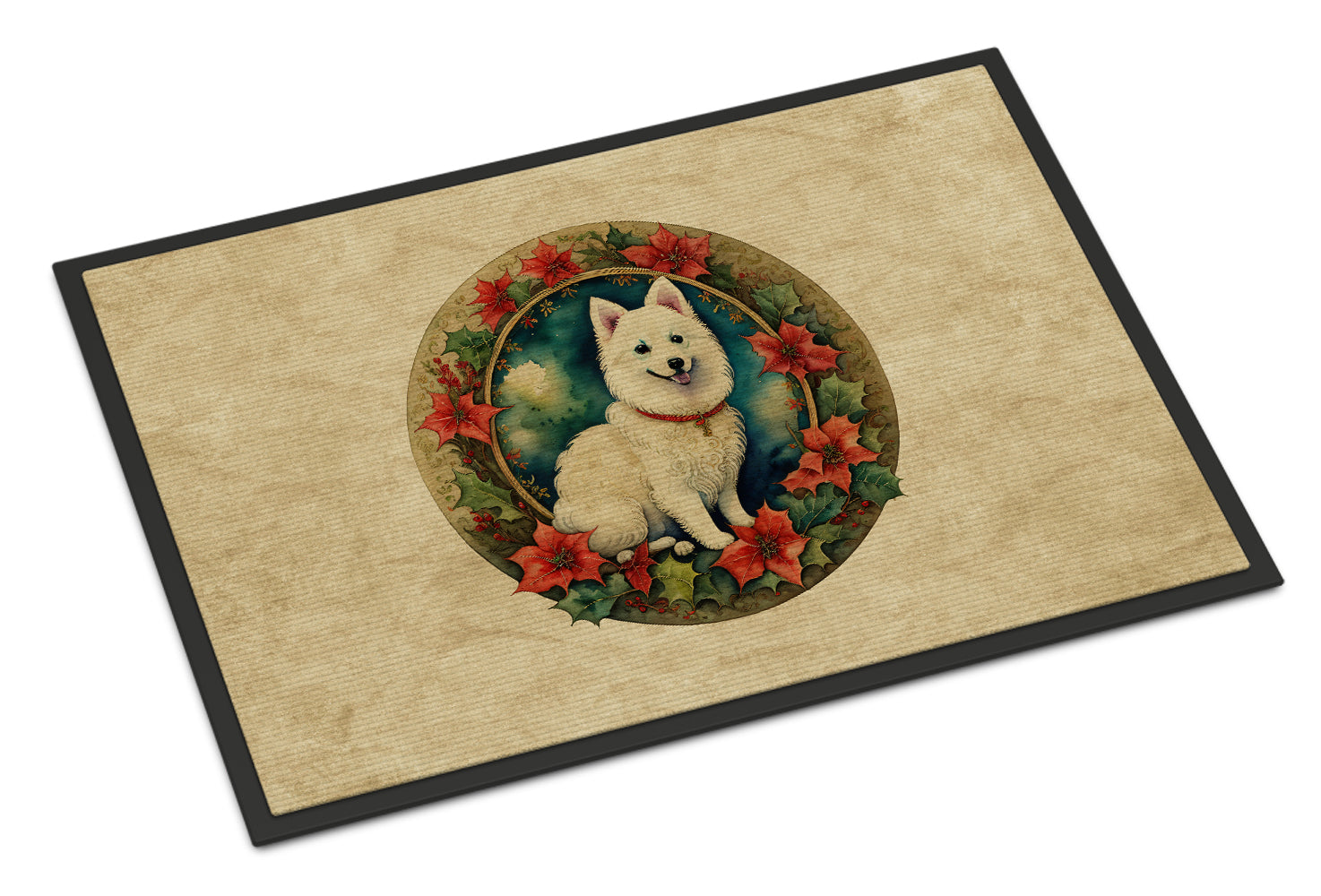 Japanese Spitz Christmas Flowers Doormat Indoor Outdoor 24H X 36W Front Door Mat Rugs for Entryway, Non Slip Washable Low Pile,