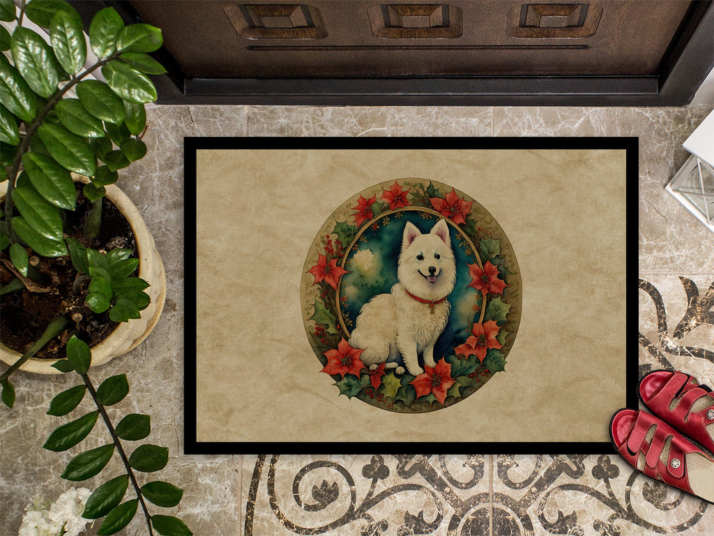 Japanese Spitz Christmas Flowers Doormat Indoor Outdoor 18H X 27W Front Door Mat Rugs for Entryway, Non Slip Washable
