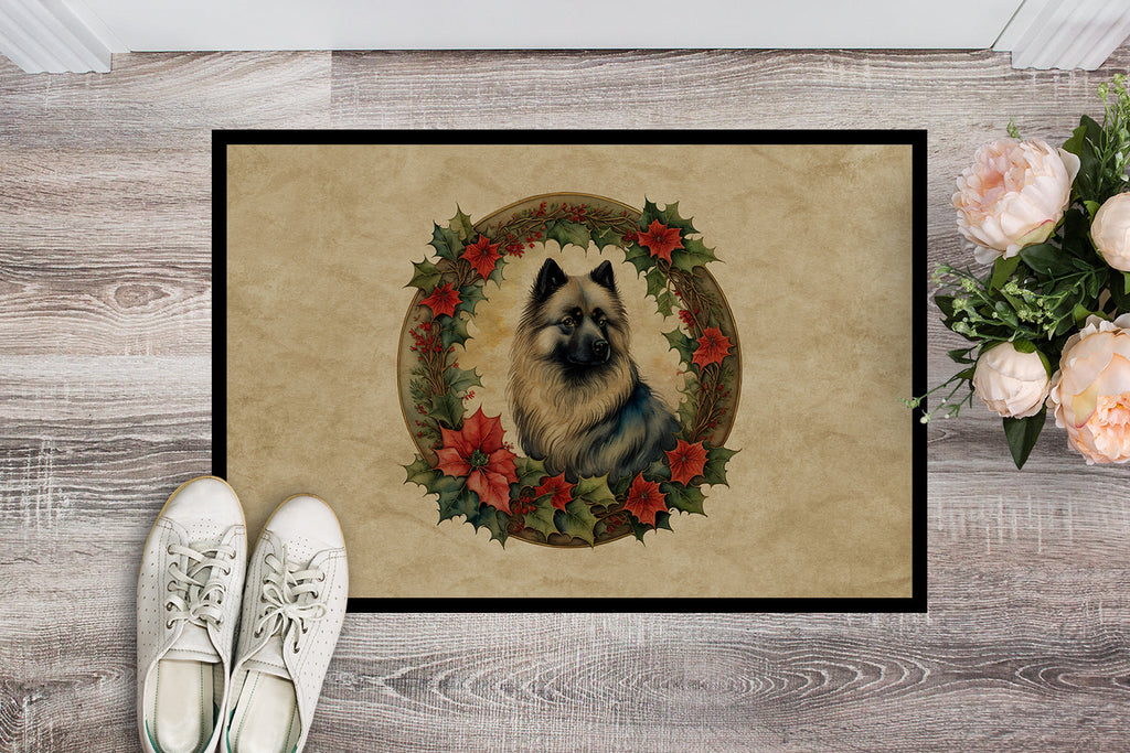 Keeshond Christmas Flowers Doormat Indoor Outdoor 24H X 36W Front Door Mat Rugs for Entryway, Non Slip Washable Low Pile,