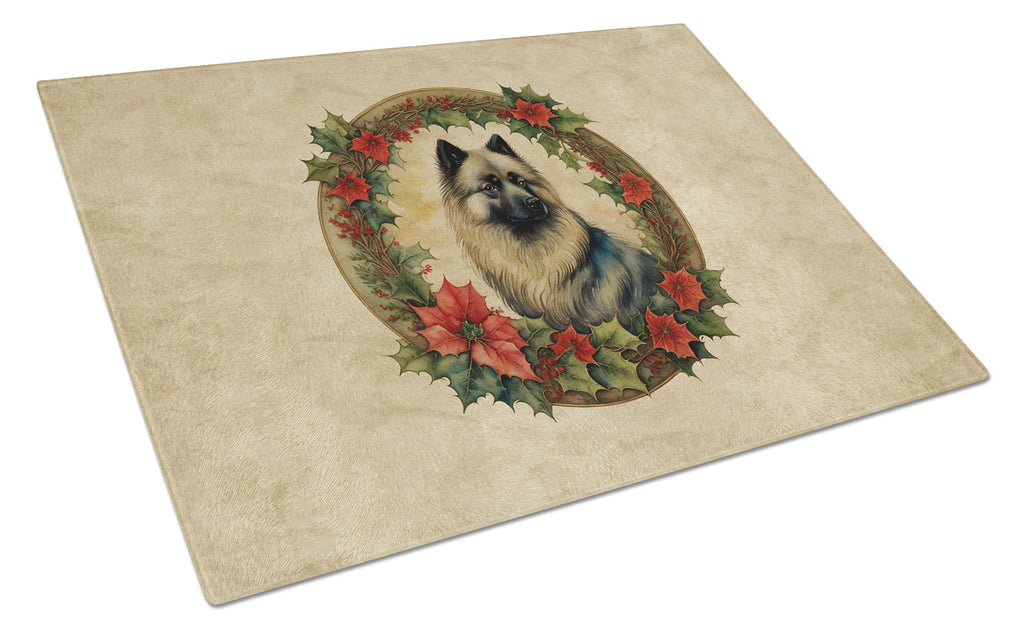 Keeshond Christmas Flowers Cutting Board Tempered Glass Kitchen Cutting Surface, Heat Resistant Chopping, Non-Slip Feet, Food Prep & Serving
