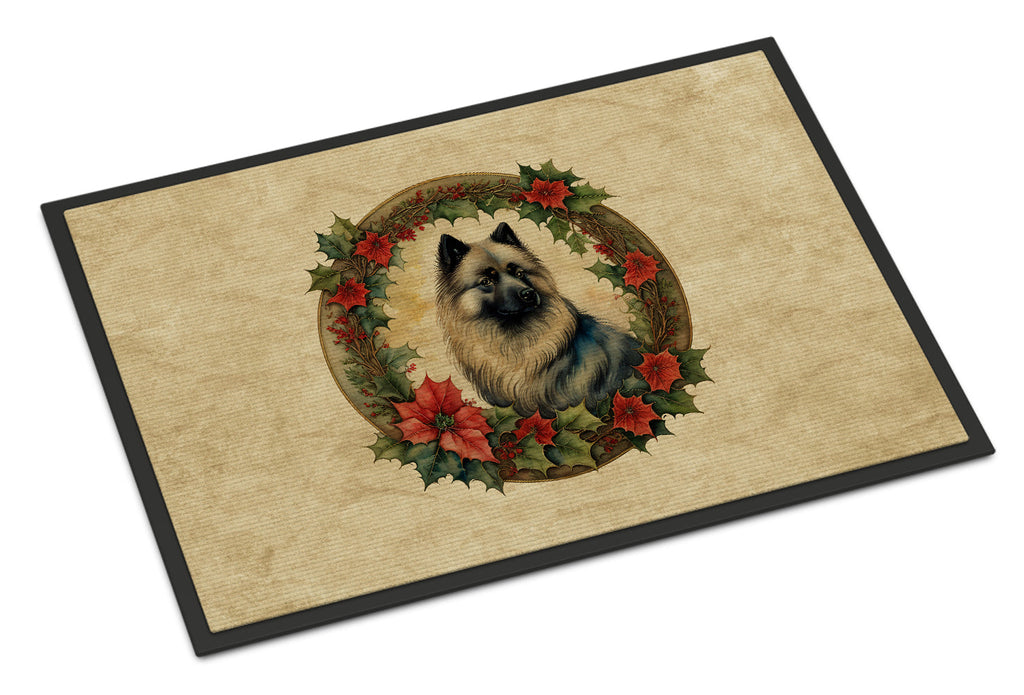 Keeshond Christmas Flowers Doormat Indoor Outdoor 18H X 27W Front Door Mat Rugs for Entryway, Non Slip Washable