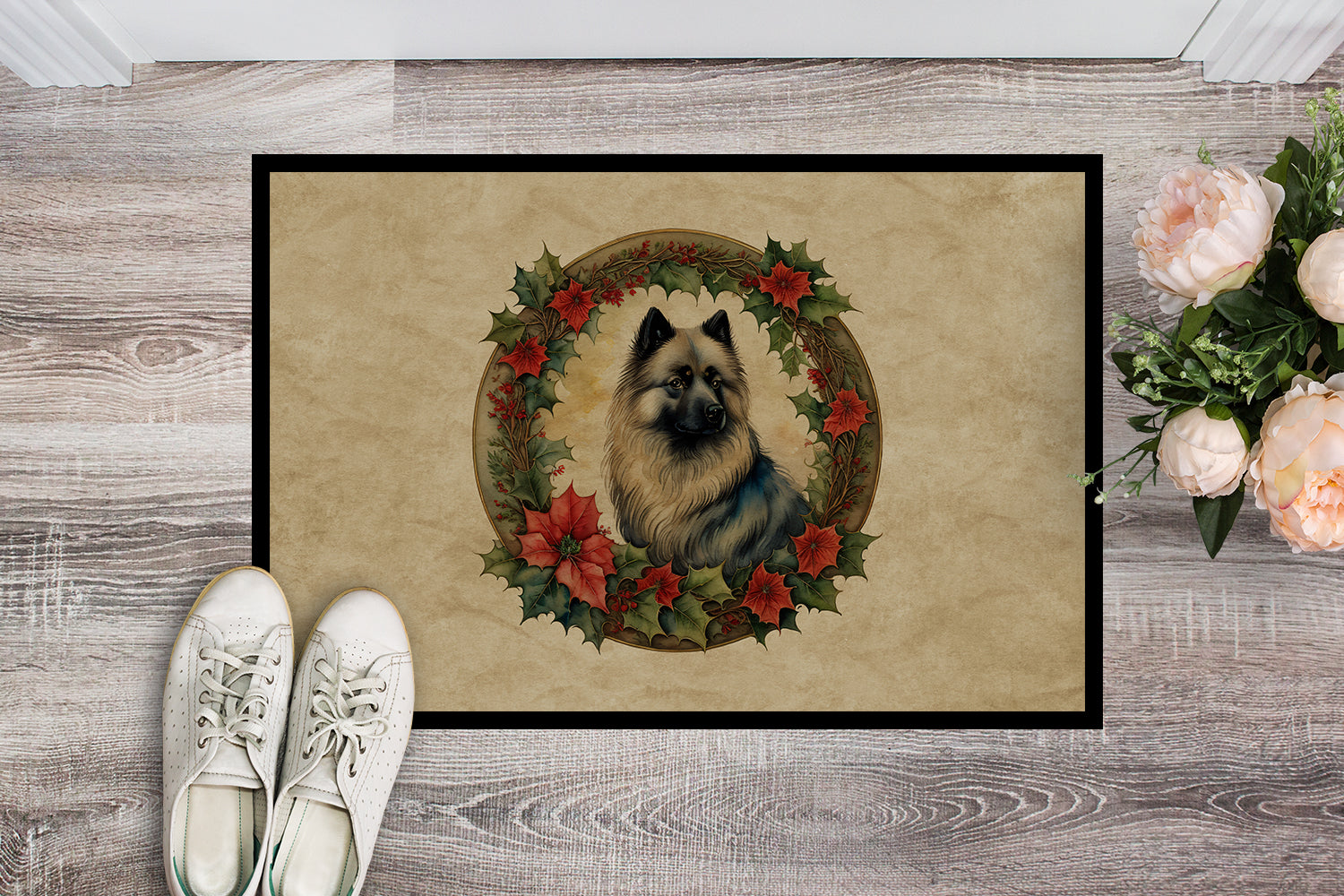 Keeshond Christmas Flowers Doormat Indoor Outdoor 18H X 27W Front Door Mat Rugs for Entryway, Non Slip Washable