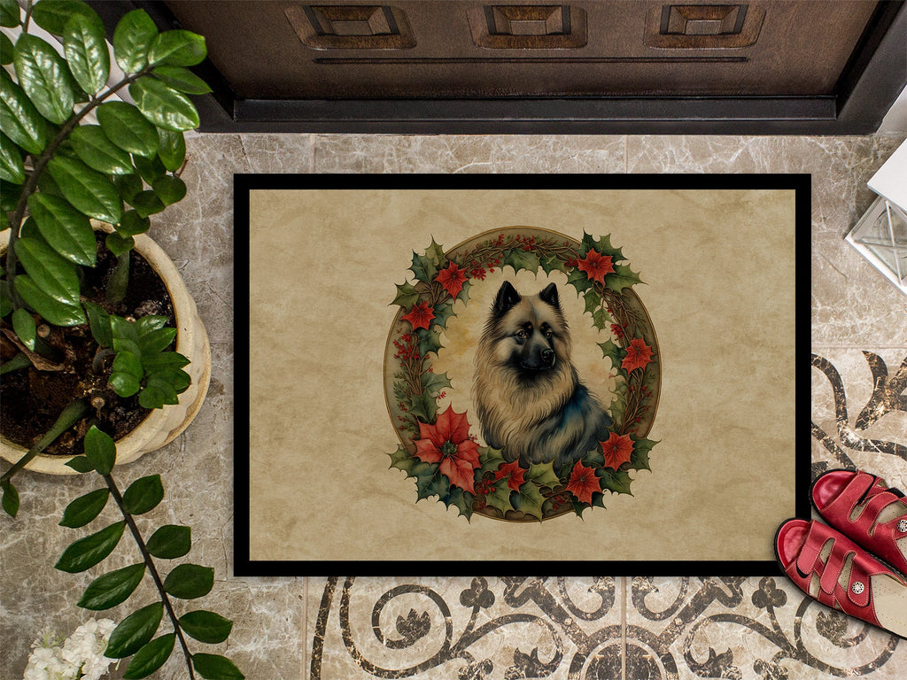 Keeshond Christmas Flowers Doormat Indoor Outdoor 18H X 27W Front Door Mat Rugs for Entryway, Non Slip Washable