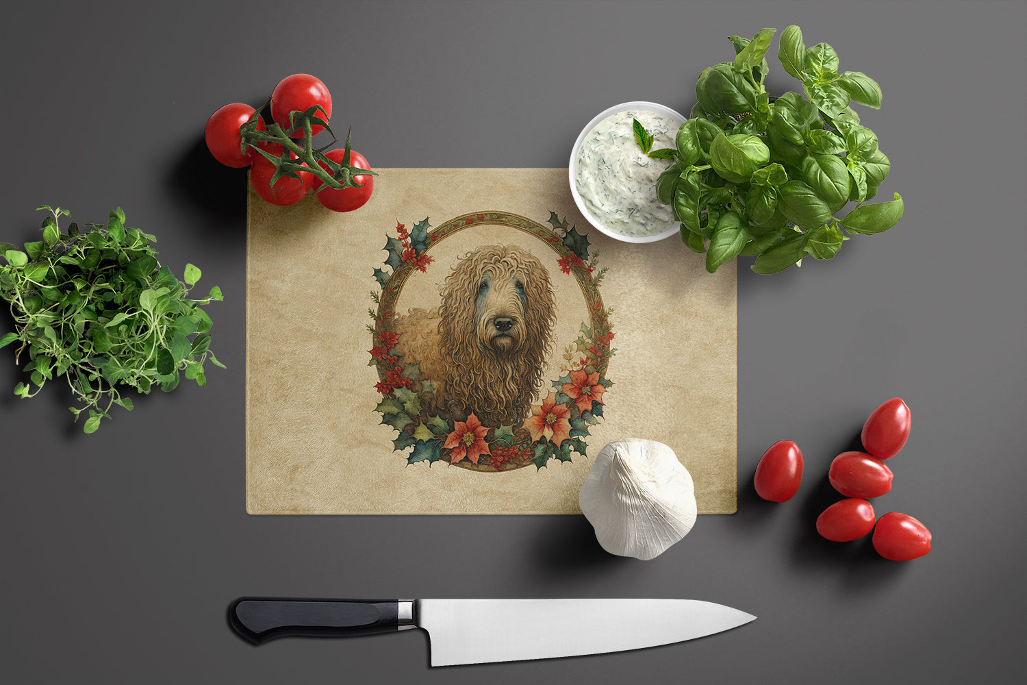 Komondor Christmas Flowers Cutting Board Tempered Glass Kitchen Cutting Surface, Heat Resistant Chopping, Non-Slip Feet, Food Prep & Serving