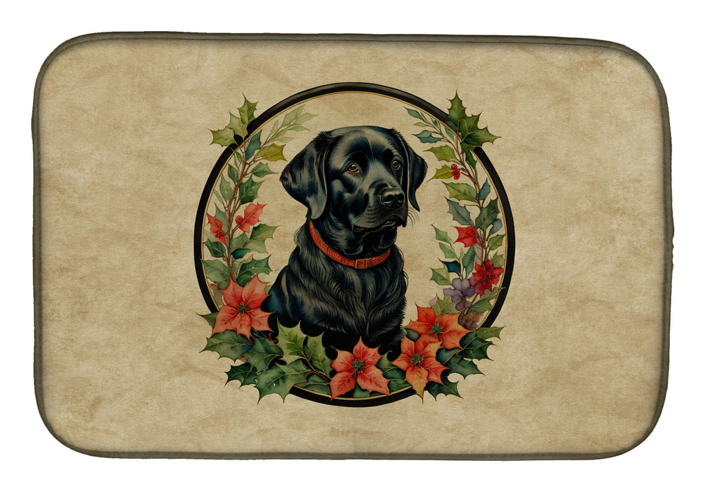 Labrador Retriever Christmas Flowers Dish Drying Mat Absorbent Dish Drying Mat Pad for Kitchen Counter Dish Drainer Mat for Countertop, 14 x 21", Multicolor