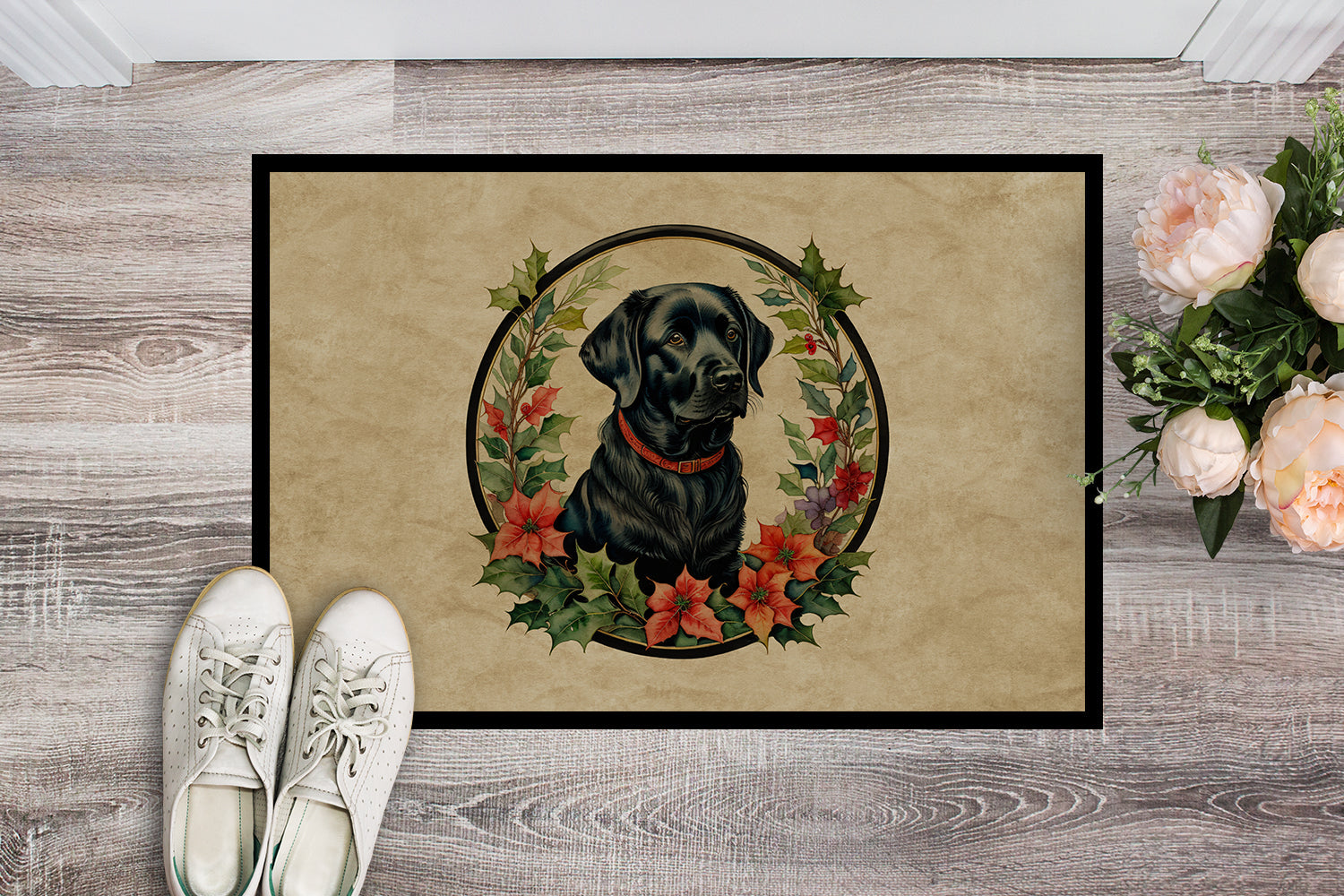 Labrador Retriever Christmas Flowers Doormat Indoor Outdoor 24H X 36W Front Door Mat Rugs for Entryway, Non Slip Washable Low Pile,