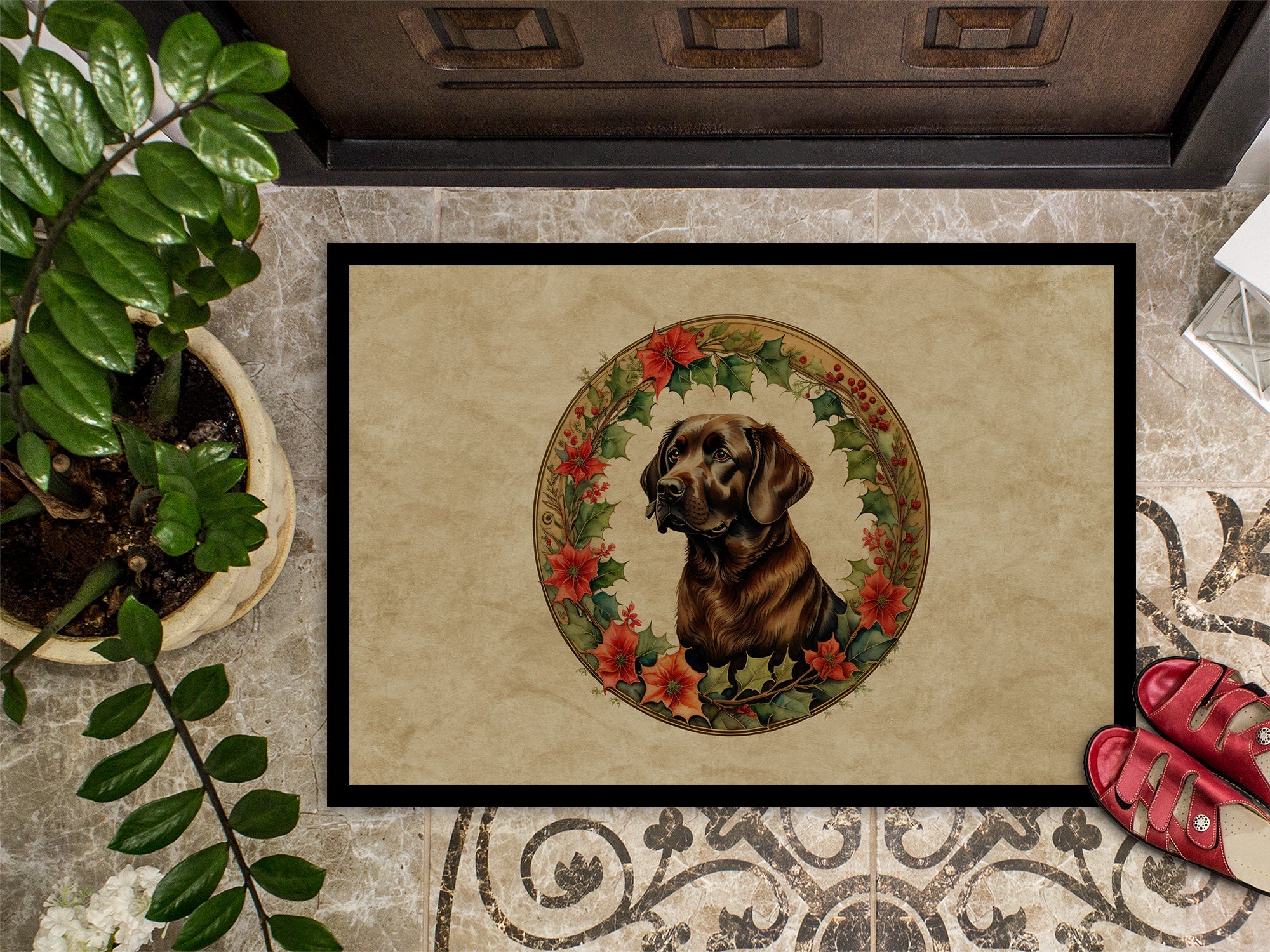 Labrador Retriever Christmas Flowers Doormat Indoor Outdoor 24H X 36W Front Door Mat Rugs for Entryway, Non Slip Washable Low Pile,