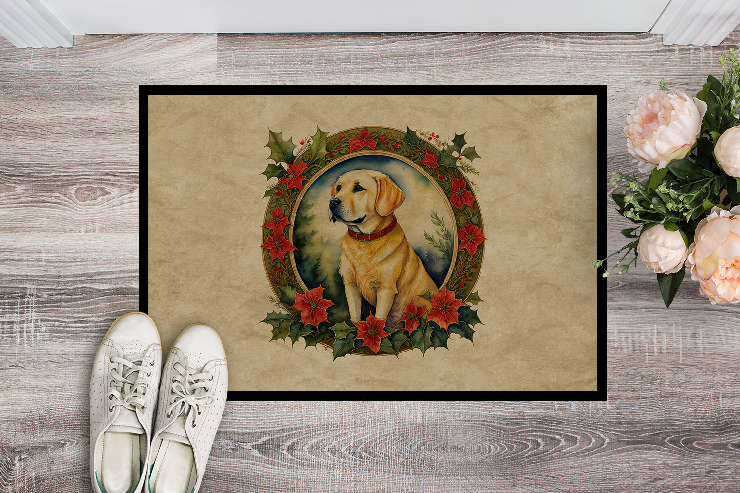 Labrador Retriever Christmas Flowers Doormat Indoor Outdoor 24H X 36W Front Door Mat Rugs for Entryway, Non Slip Washable Low Pile,