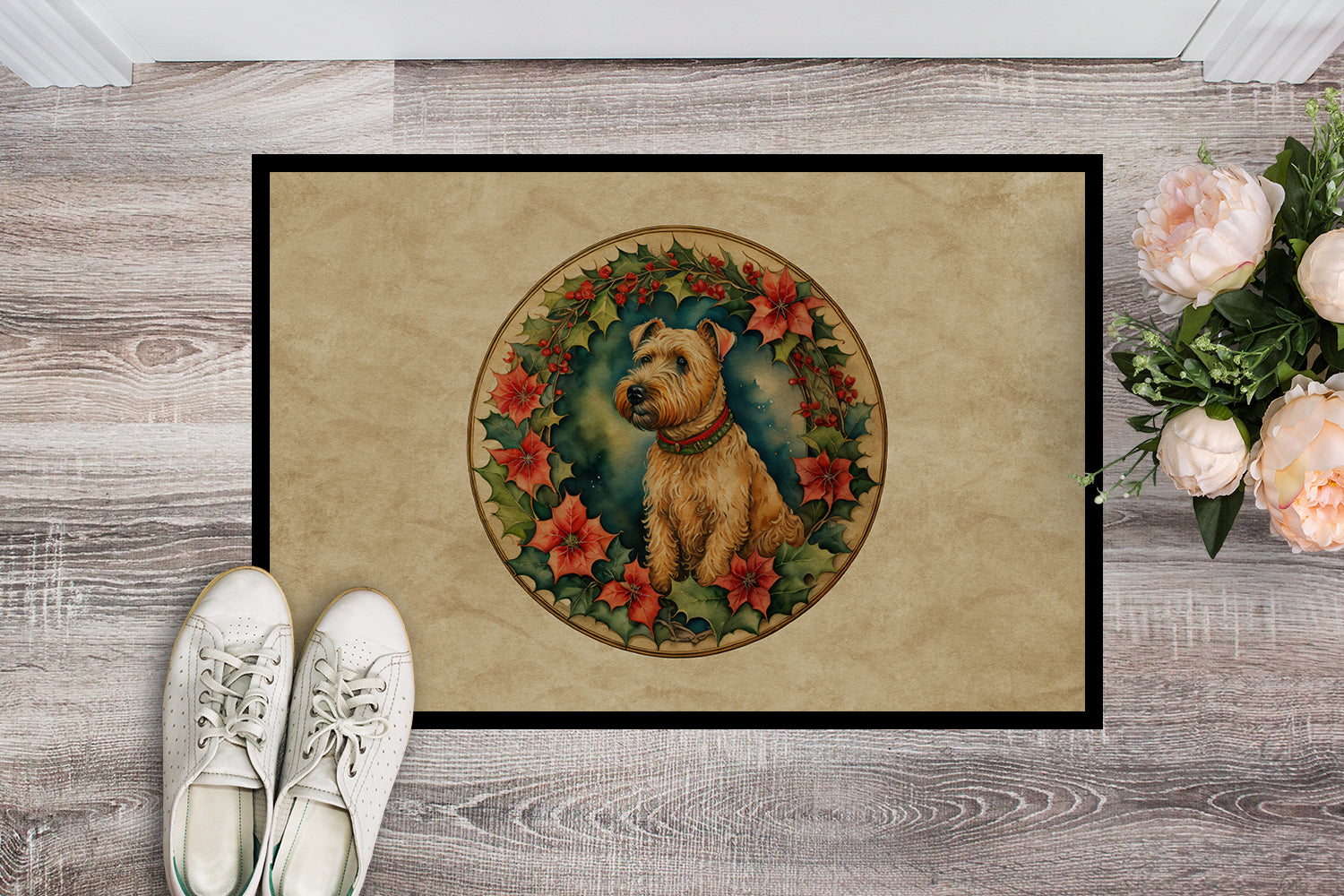 Lakeland Terrier Christmas Flowers Doormat Indoor Outdoor 18H X 27W Front Door Mat Rugs for Entryway, Non Slip Washable