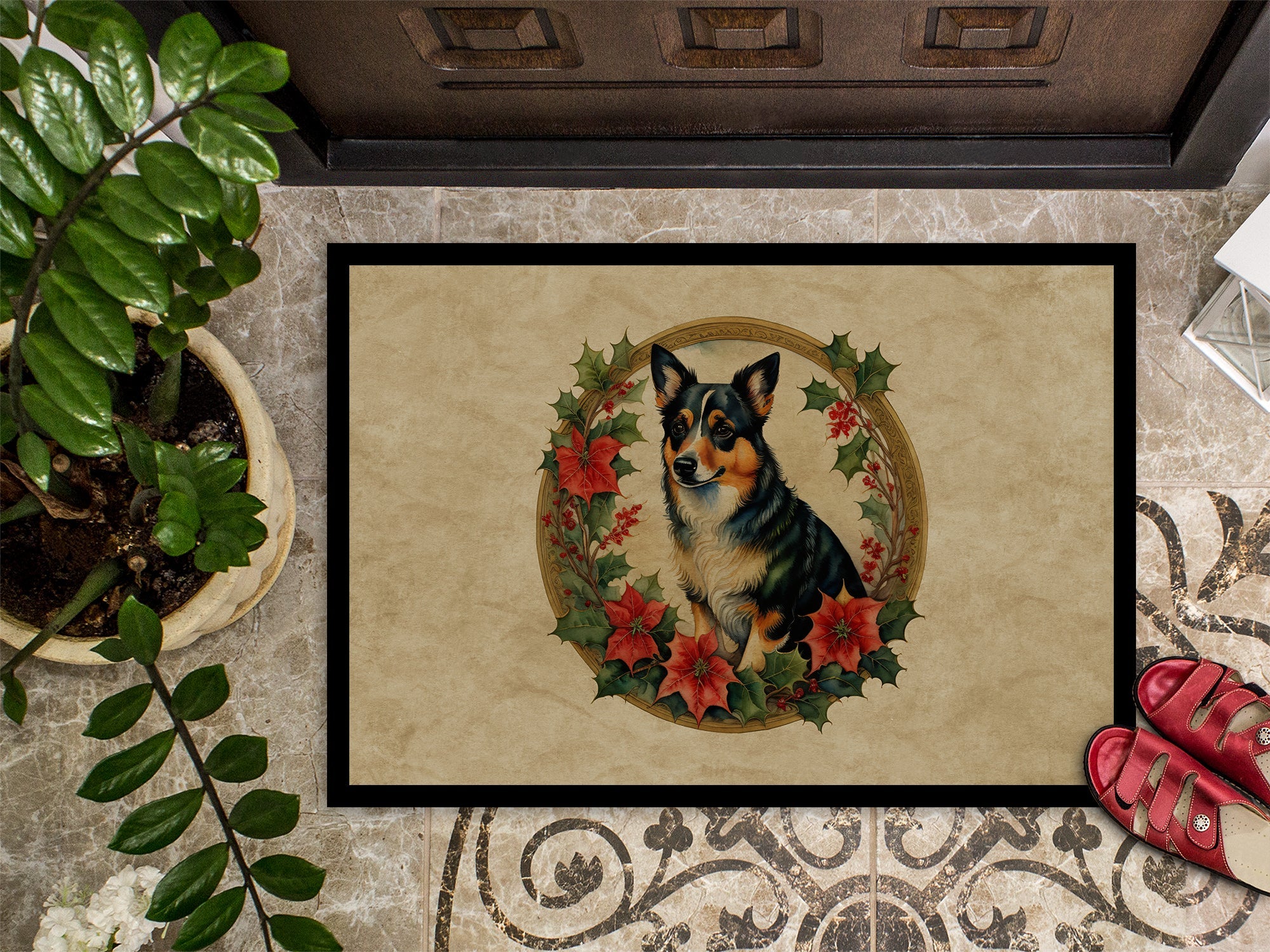 Lancashire Heeler Christmas Flowers Doormat Indoor Outdoor 24H X 36W Front Door Mat Rugs for Entryway, Non Slip Washable Low Pile,