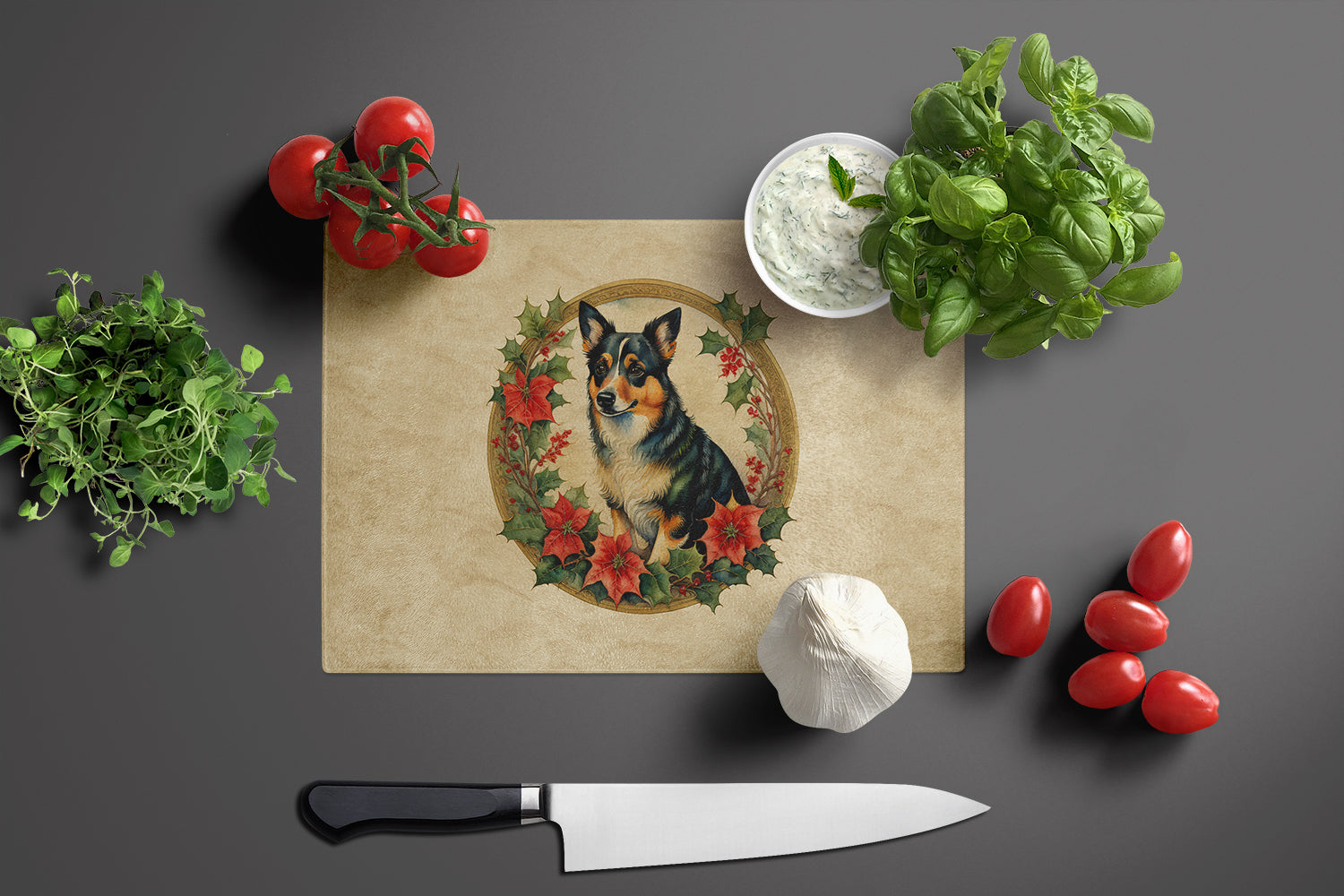 Lancashire Heeler Christmas Flowers Cutting Board Tempered Glass Kitchen Cutting Surface, Heat Resistant Chopping, Non-Slip Feet, Food Prep & Serving