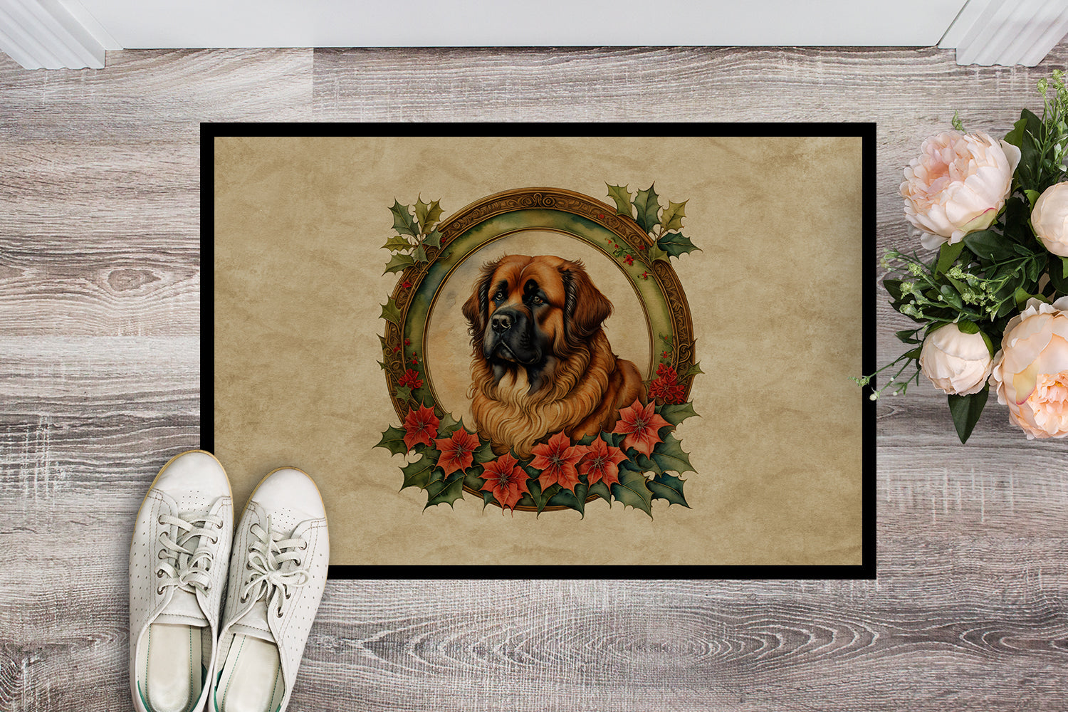 Leonberger Christmas Flowers Doormat Indoor Outdoor 18H X 27W Front Door Mat Rugs for Entryway, Non Slip Washable