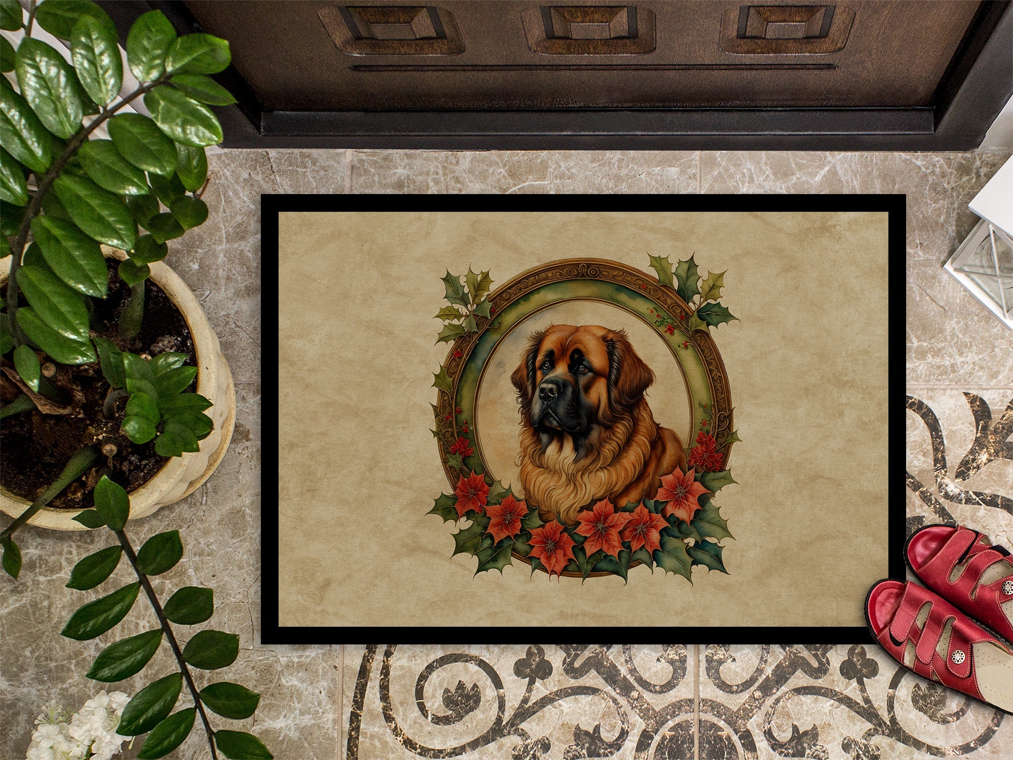 Leonberger Christmas Flowers Doormat Indoor Outdoor 18H X 27W Front Door Mat Rugs for Entryway, Non Slip Washable