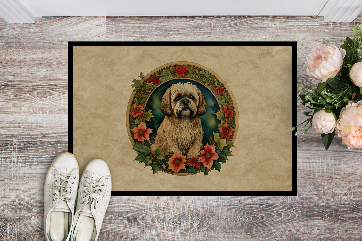 Lhasa Apso Christmas Flowers Doormat Indoor Outdoor 24H X 36W Front Door Mat Rugs for Entryway, Non Slip Washable Low Pile,