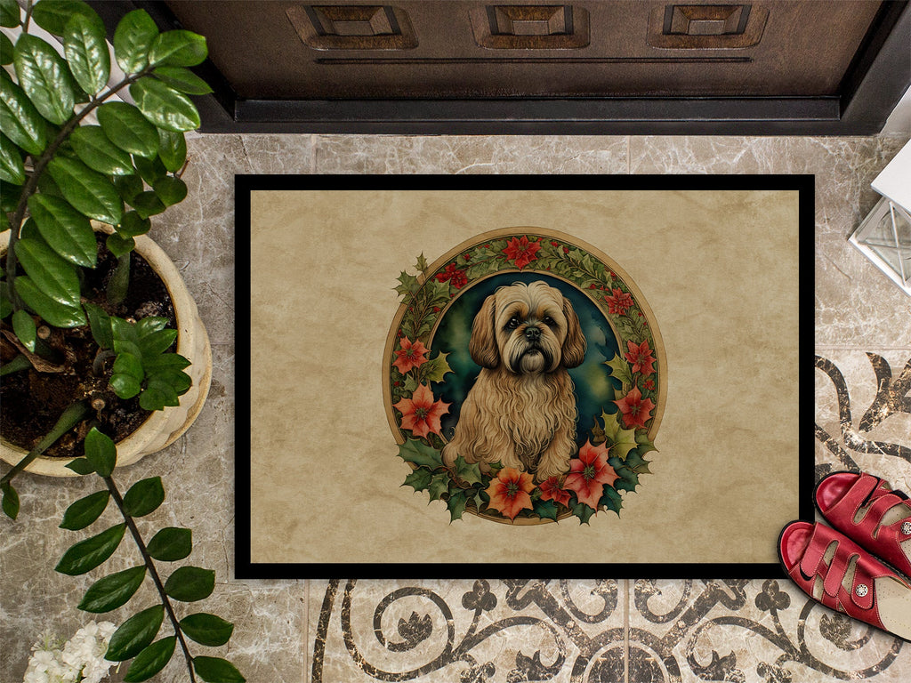 Lhasa Apso Christmas Flowers Doormat Indoor Outdoor 18H X 27W Front Door Mat Rugs for Entryway, Non Slip Washable