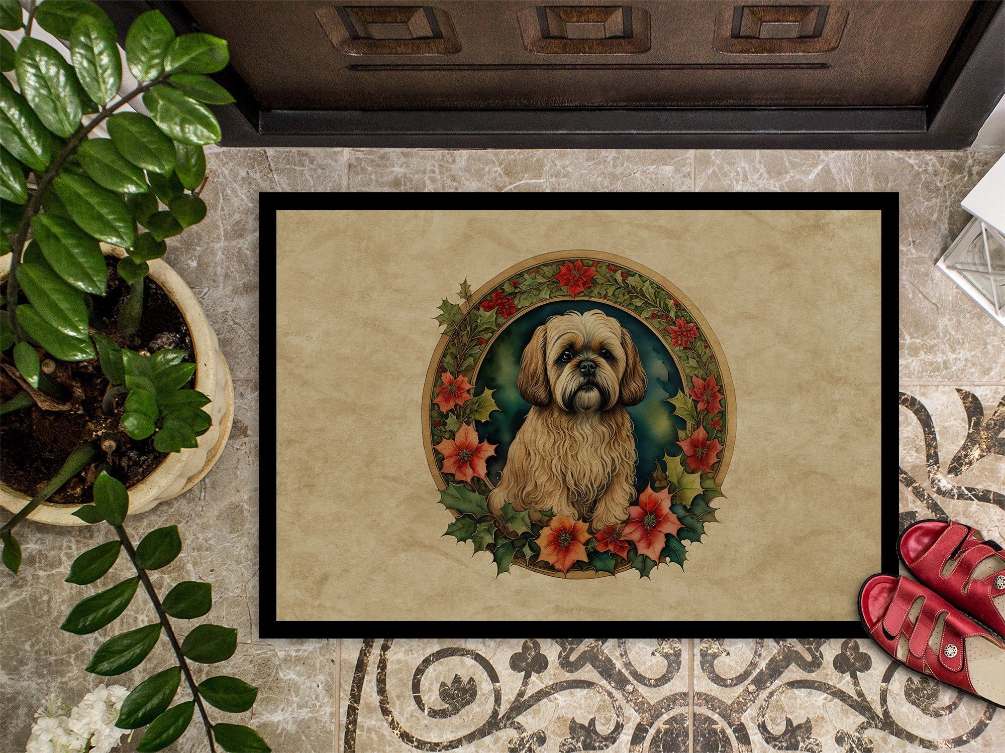 Lhasa Apso Christmas Flowers Doormat Indoor Outdoor 18H X 27W Front Door Mat Rugs for Entryway, Non Slip Washable