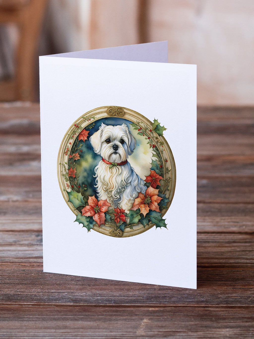 Maltese Christmas Flowers Greeting Cards Pack of 8 Blank Cards with Envelopes Whimsical A7 Size 5x7